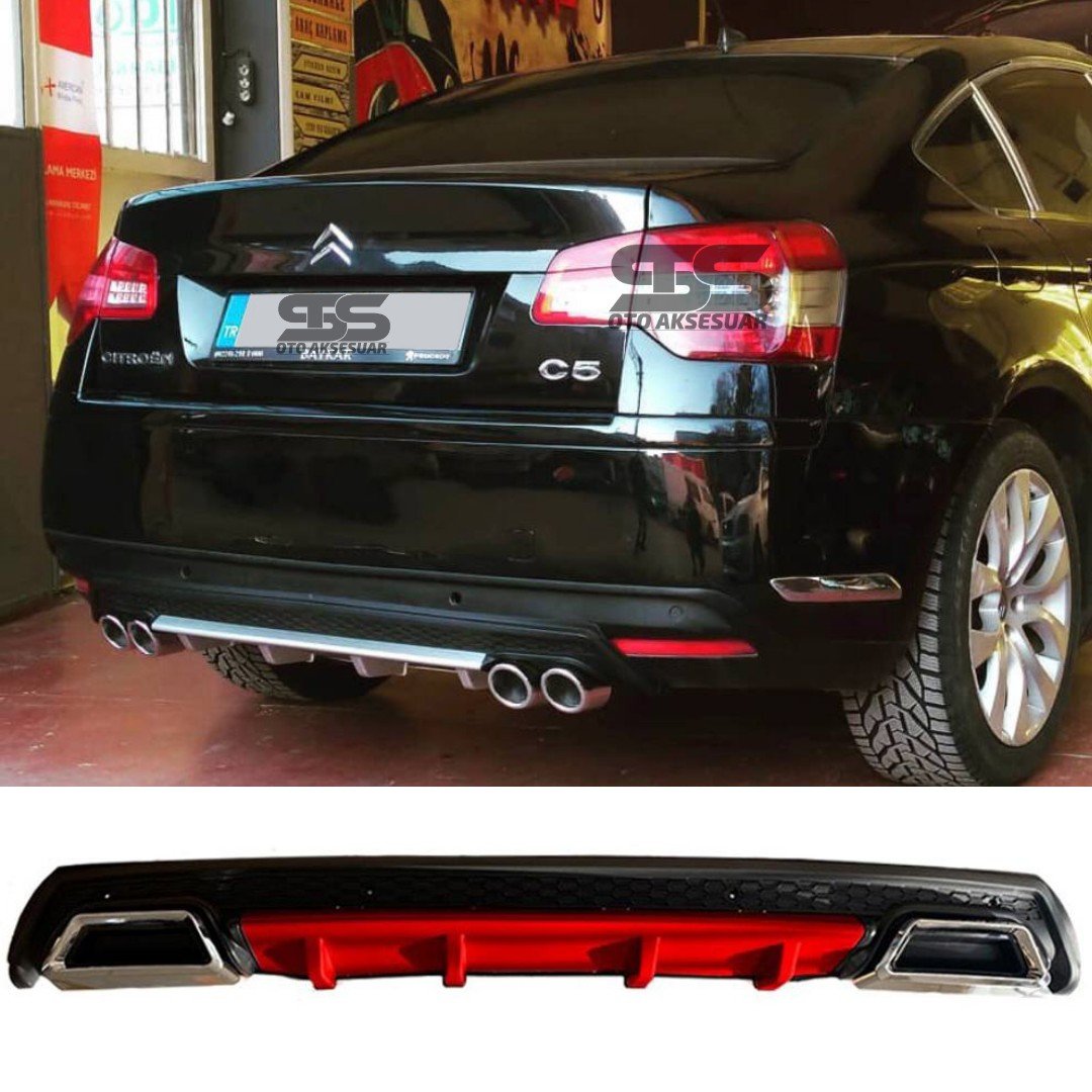 Citroen C5 Difüzör Arka Tampon Eki 2 Egzoz Çıkışlı Kırmızı Lüx Tip