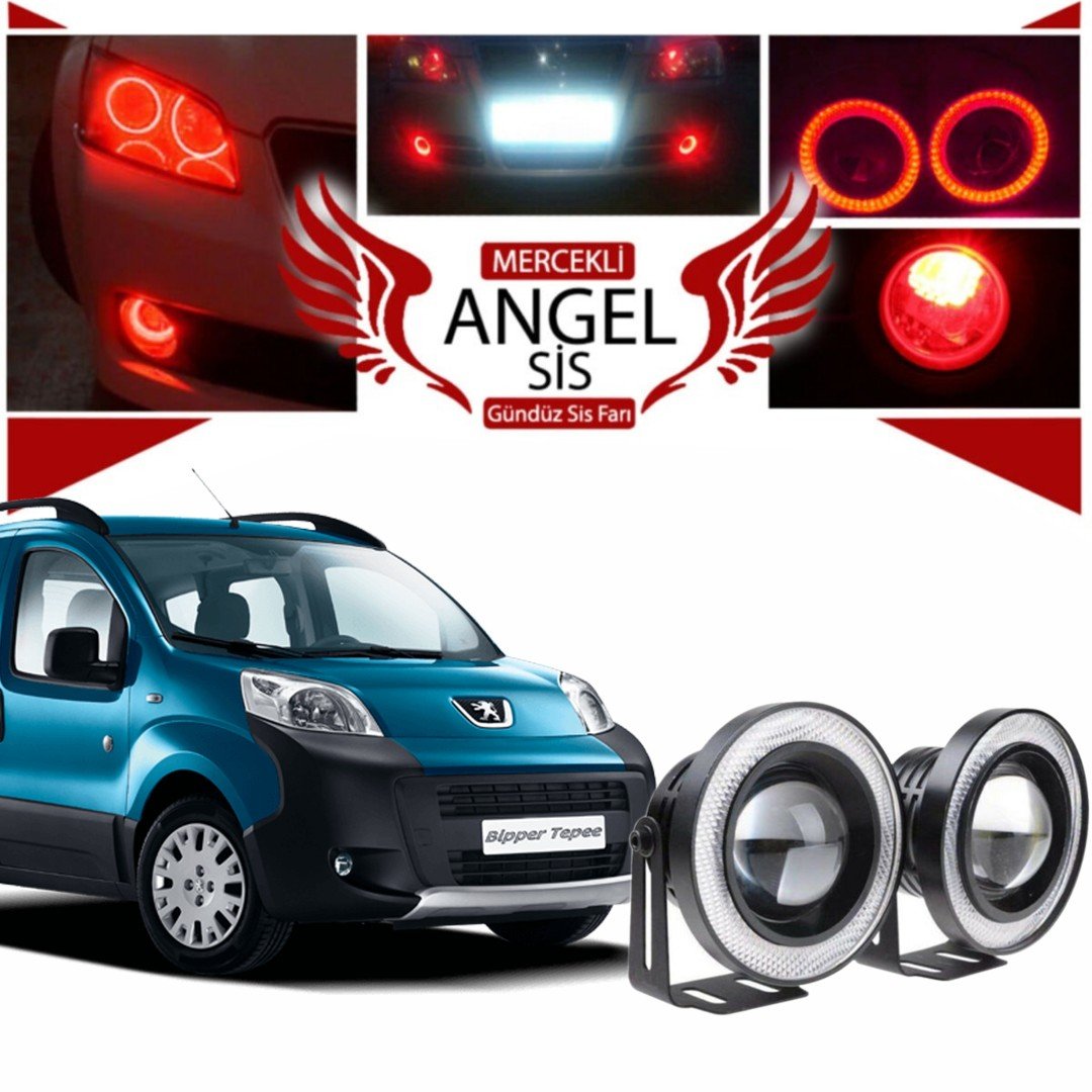 Peugeot Bipper Uyumlu, Universal Mercekli Led Angel Sis Farı, 76mm Kırmızı Renk