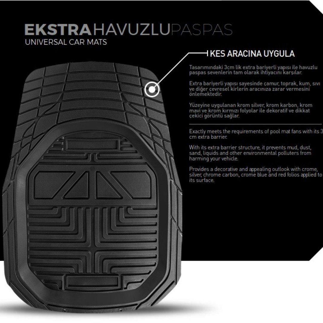 Promats 4d Havuzlu Paspas Siyah 5 Parça Üniversal Tüm Araçlar Için Uyumlu