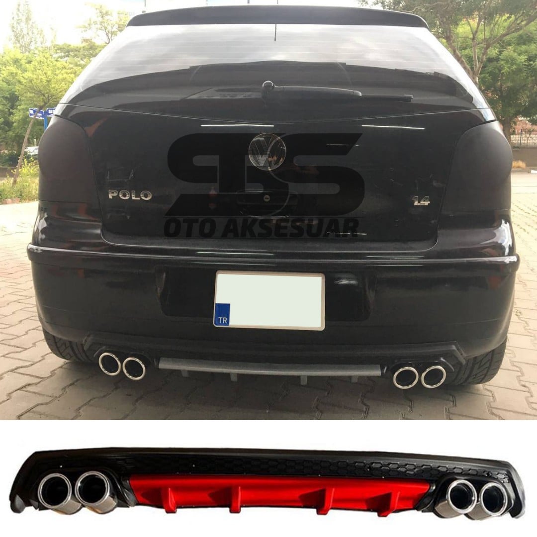Volkswagen Polo Mk4 Difüzör Arka Tampon Eki 4 Egzoz Çıkışlı Kırmızı Lüx Tip