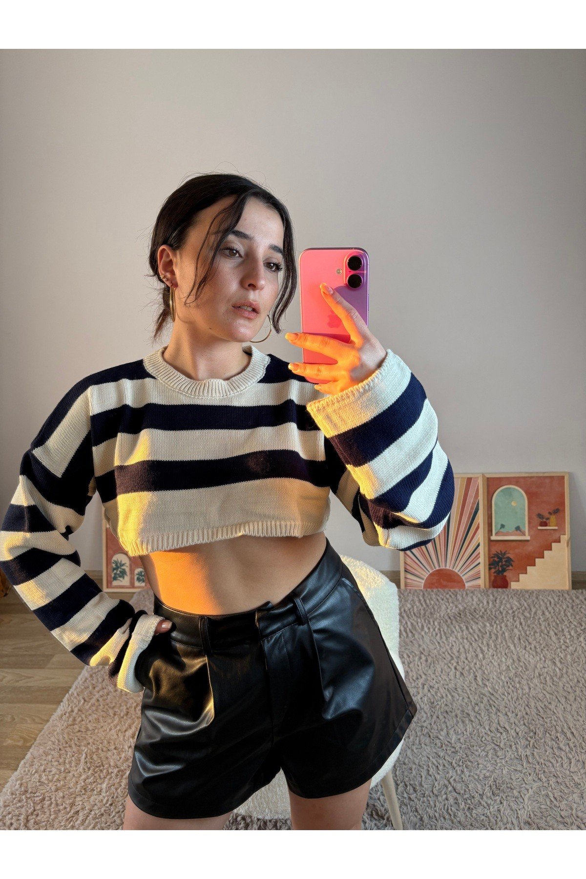 Lacivert-Çizgili Crop Kazak