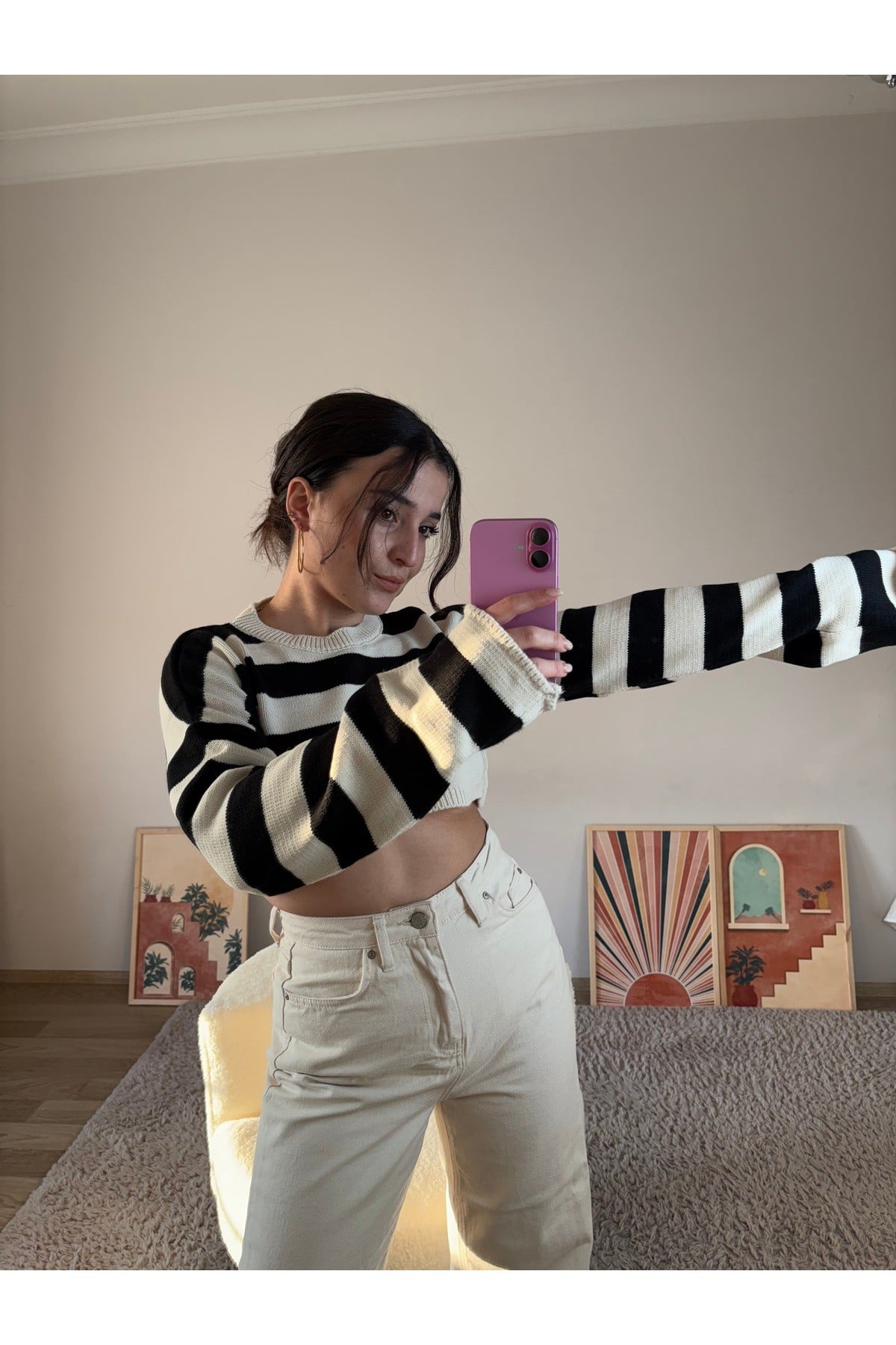 Siyah-Çizgili Crop Kazak