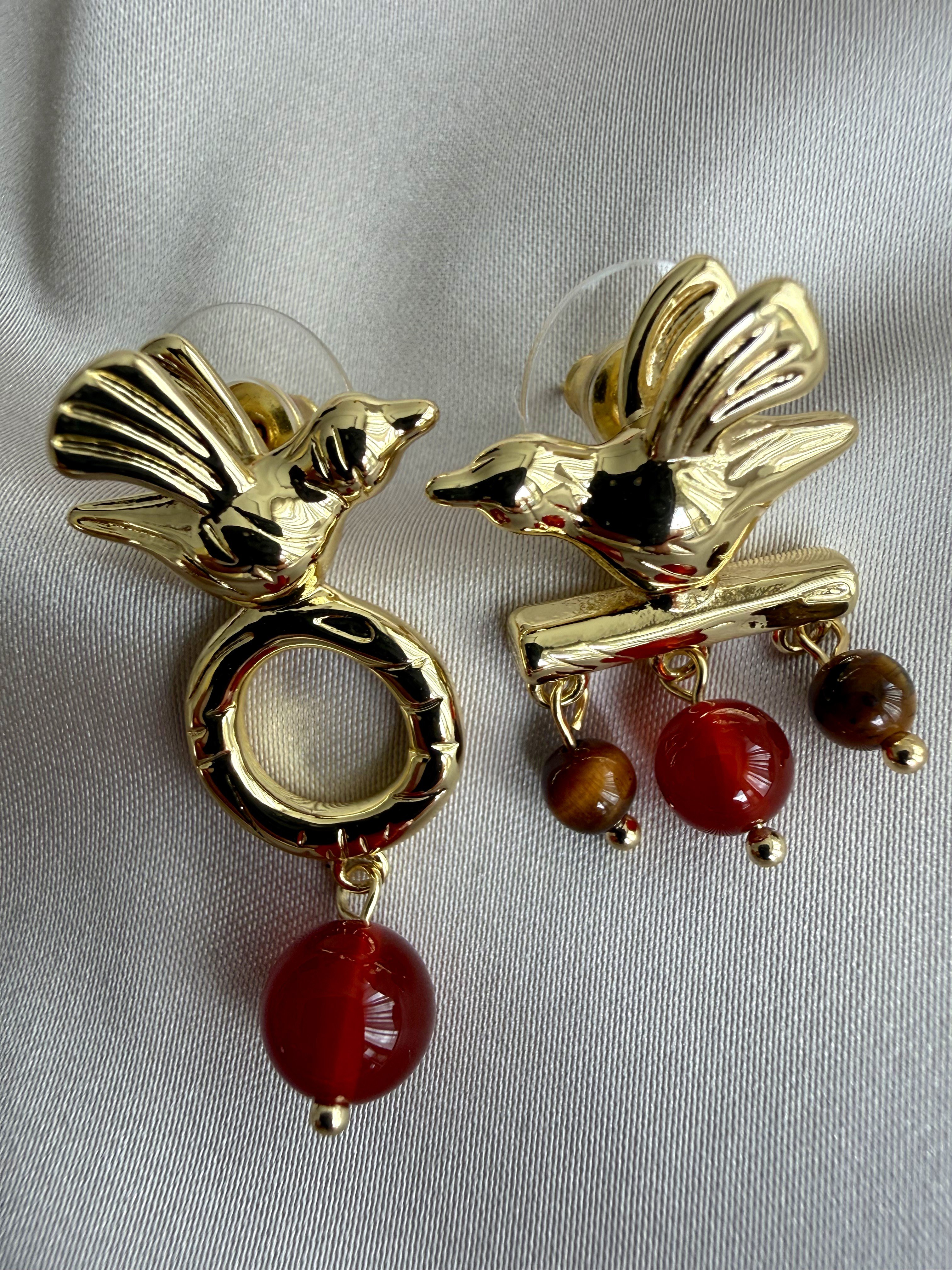 14K Özel Seri Kuş Küpe(Kahve)
