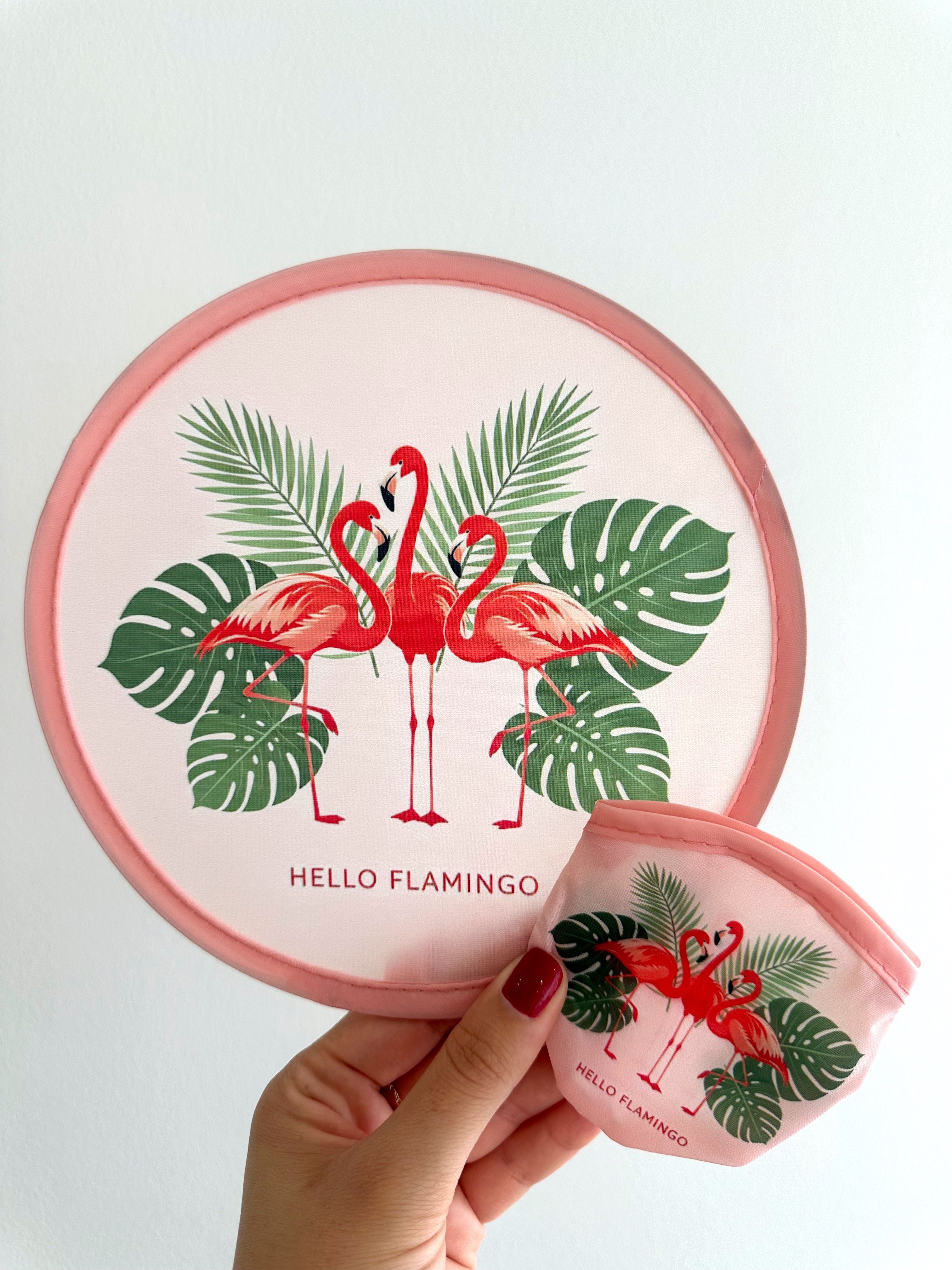 Flamingo Desenli Çantalı Katlanabilir Yelpaze(Pembe)