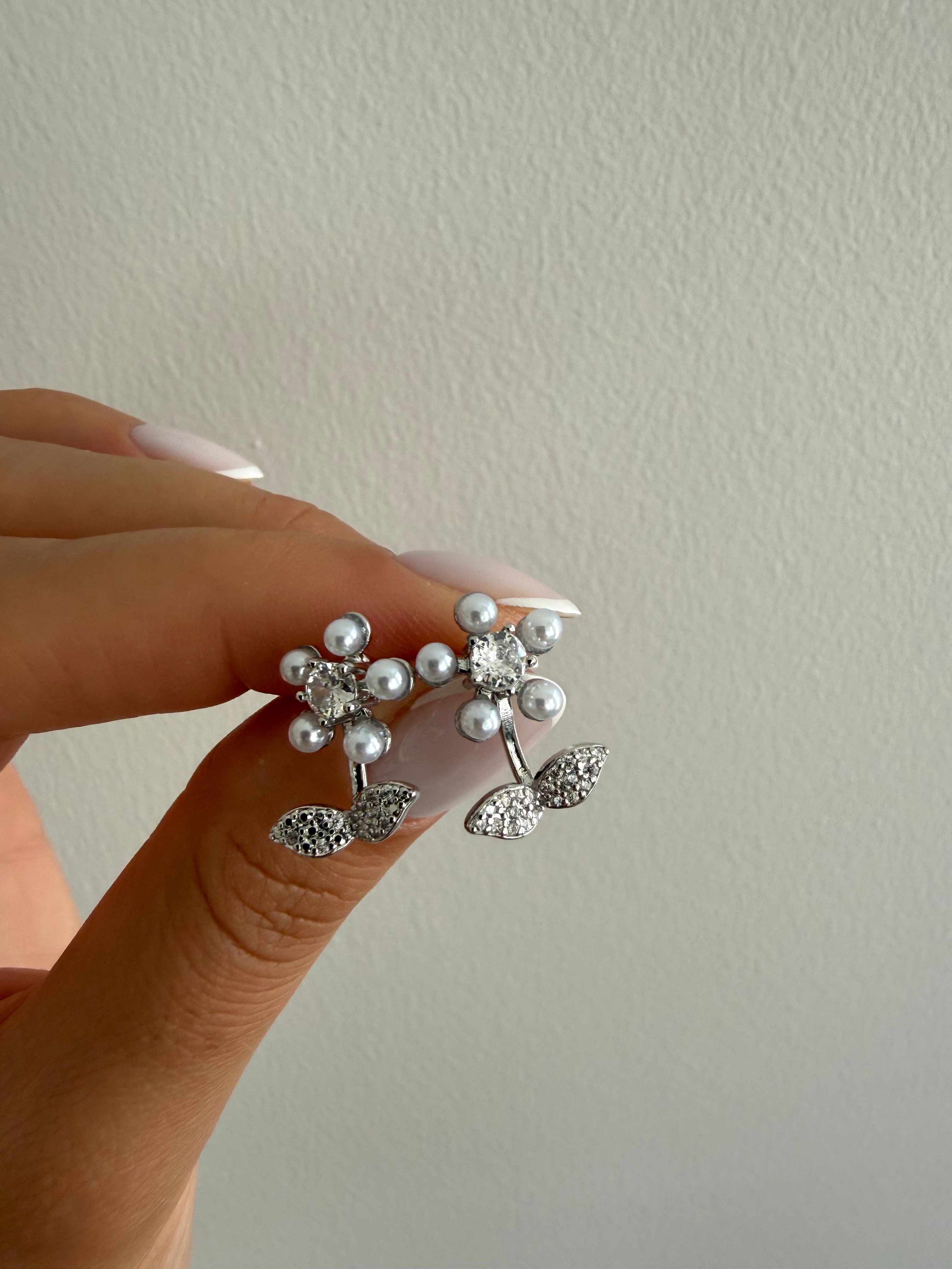 İncili Çiçek Küpe(Silver)