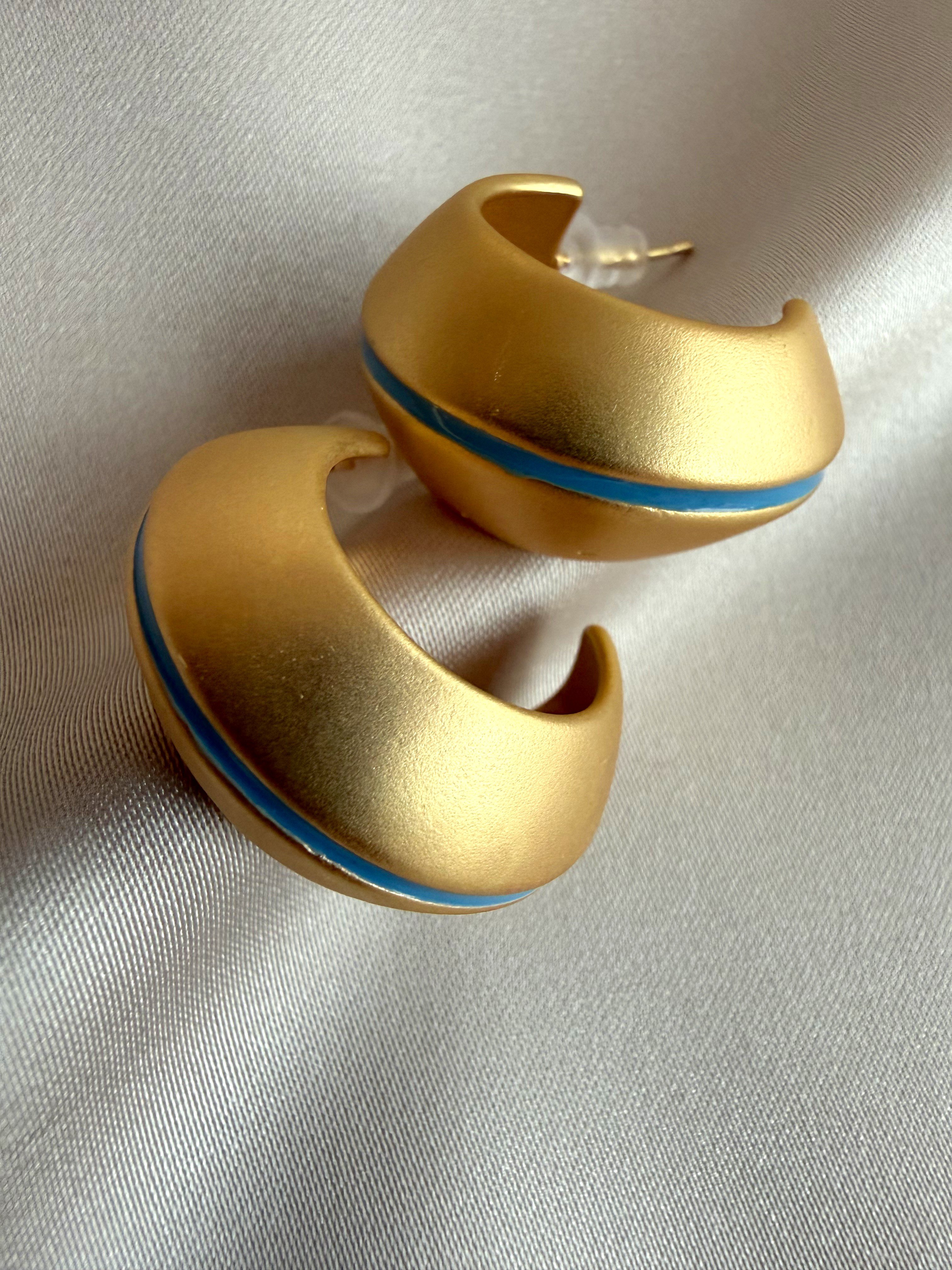 Mat Mavi Çizgili Halka Küpe(Gold)