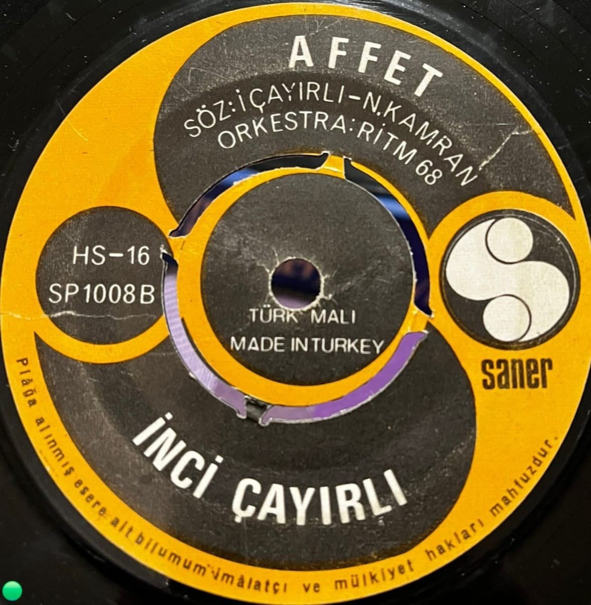İnci Çayırlı - Mutluyum / Affet (45'lik Plak, Saner Plak SP 1008)