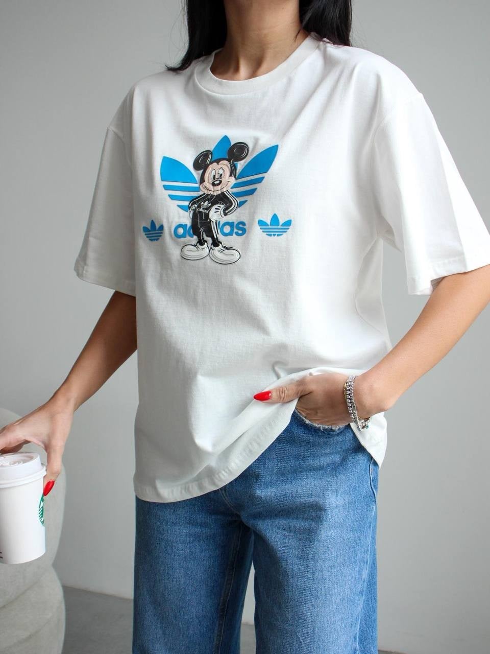 ADİDS Mickey Mouse Detaylı Oversize Basic T-Shirt - BEYAZ