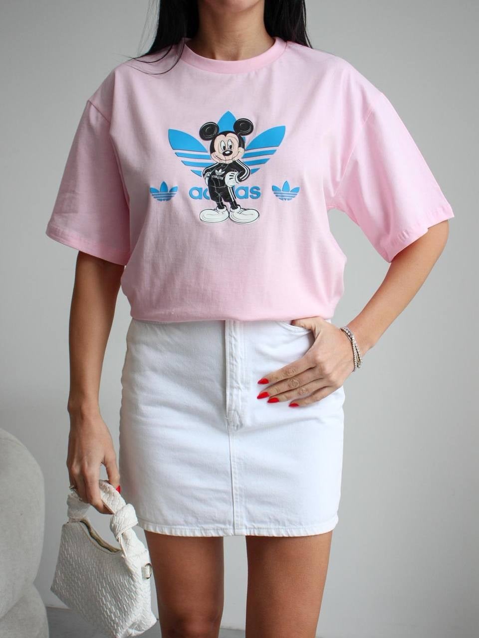 ADİDS Mickey Mouse Detaylı Oversize Basic T-Shirt - PEMBE