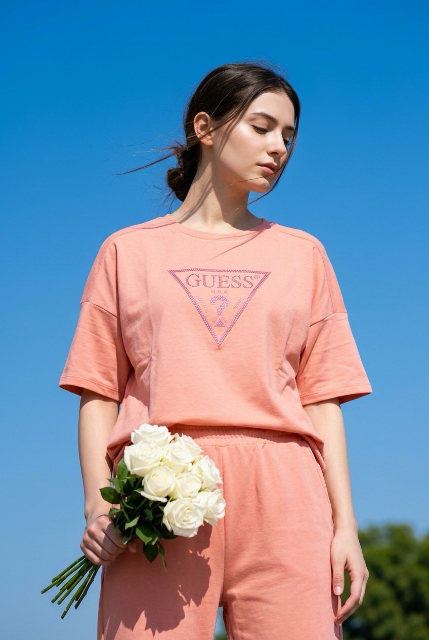 GESS Oversize Taşlı Logo Detaylı T-Shirt - PEMBE