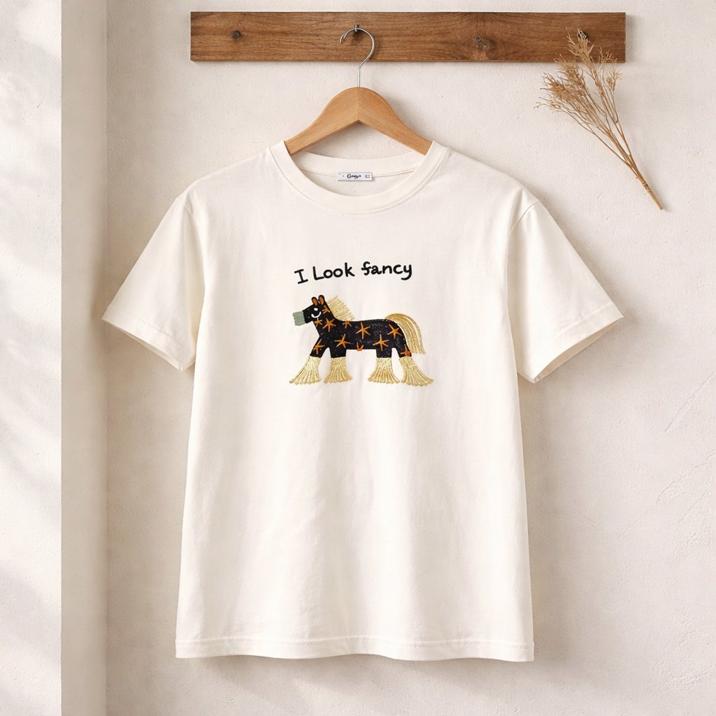 Oversize Basic T-Shirt AT Nakış Detaylı  - BEYAZ