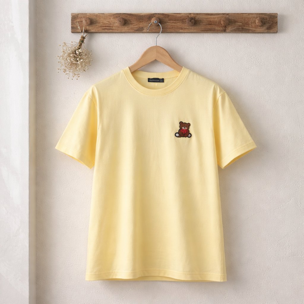 Oversize Basic T-Shirt Ayıcık Nakışlı  - SARI 