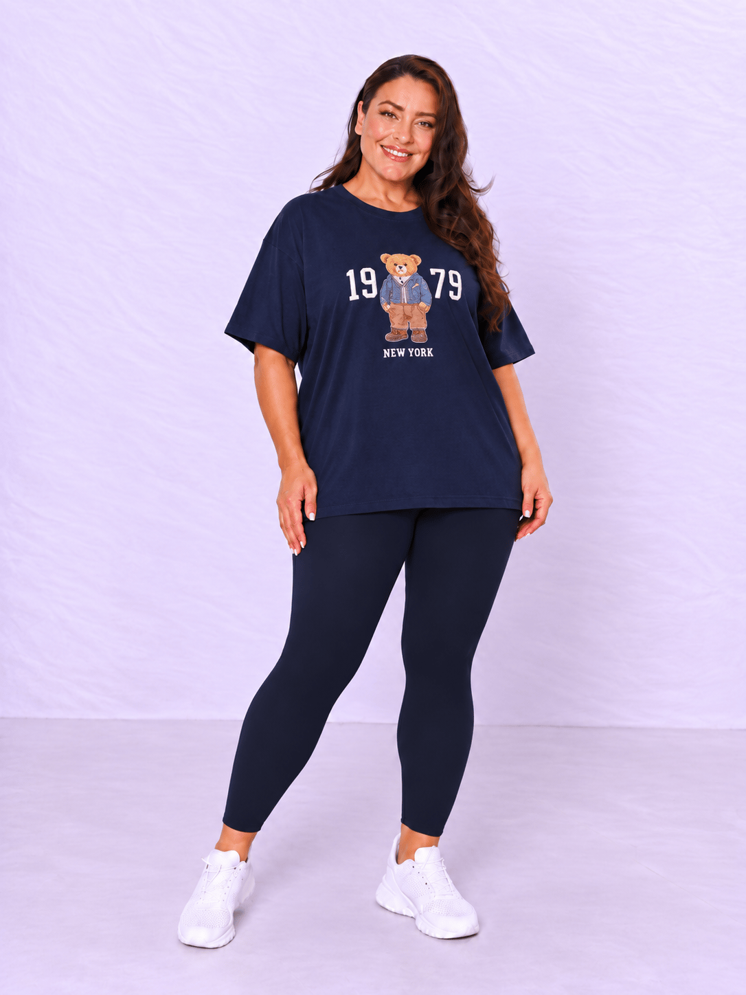 Oversize Basic T-Shirt Ayıcık Nakışlı  - LACİVERT