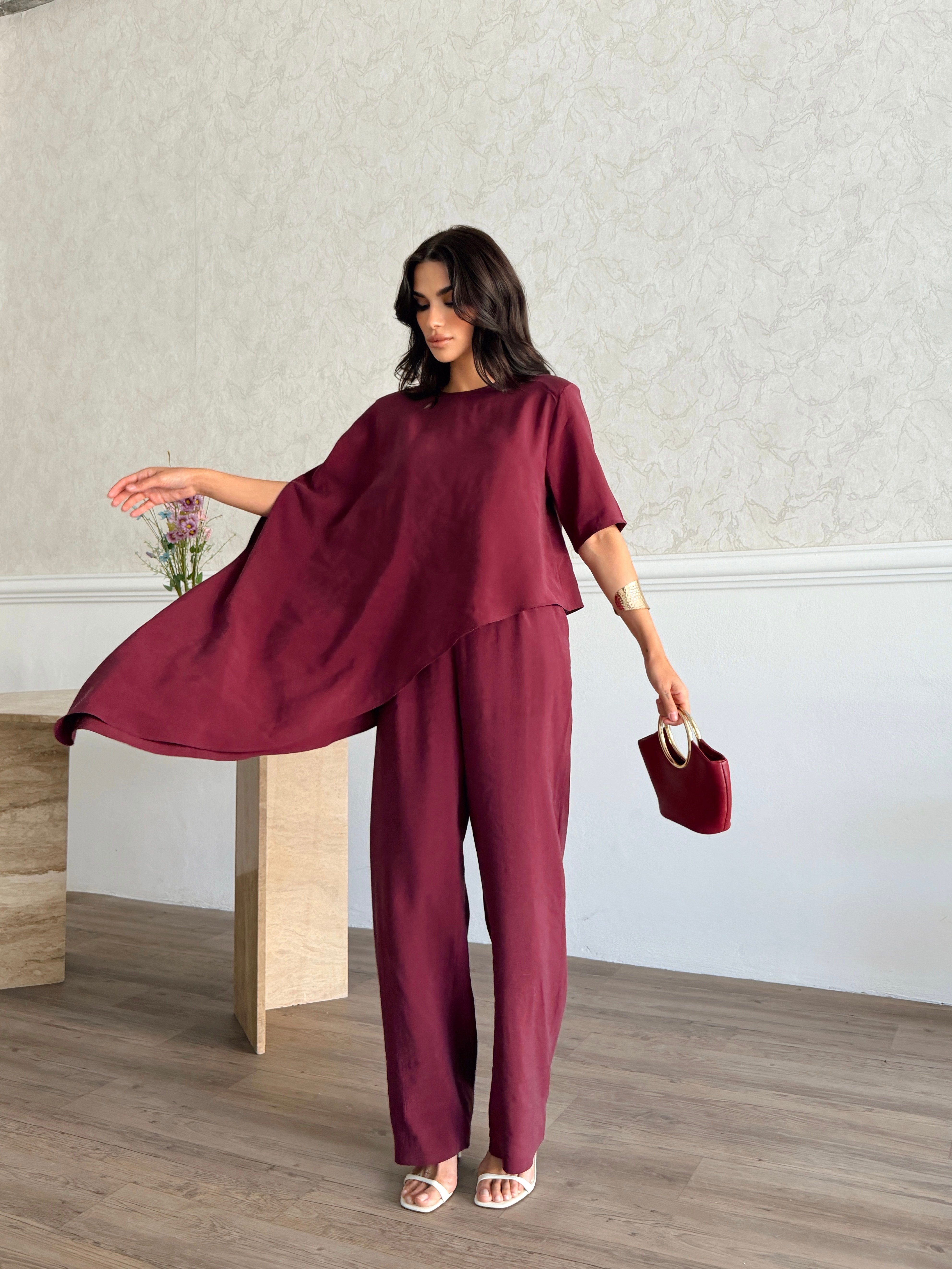 26KT0685A-B ŞAL BLUZ & ARKASI LASTİKLİ PANTOLON TAKIM