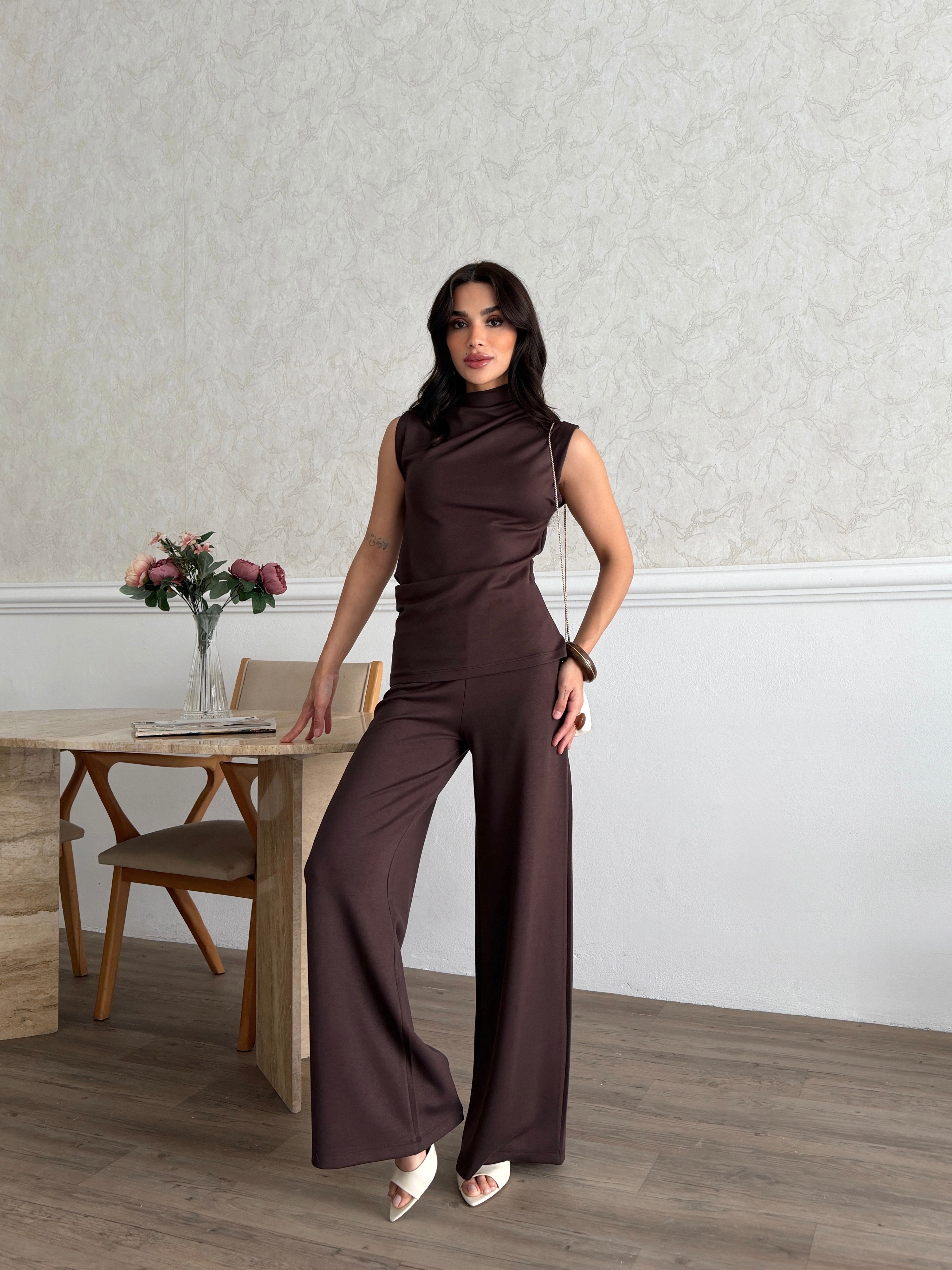 26KT0690A-B KADIN ÖRME OMUZ VE BEL PİLE DETAYLI BLUZ&PANTOLON TAKIM 