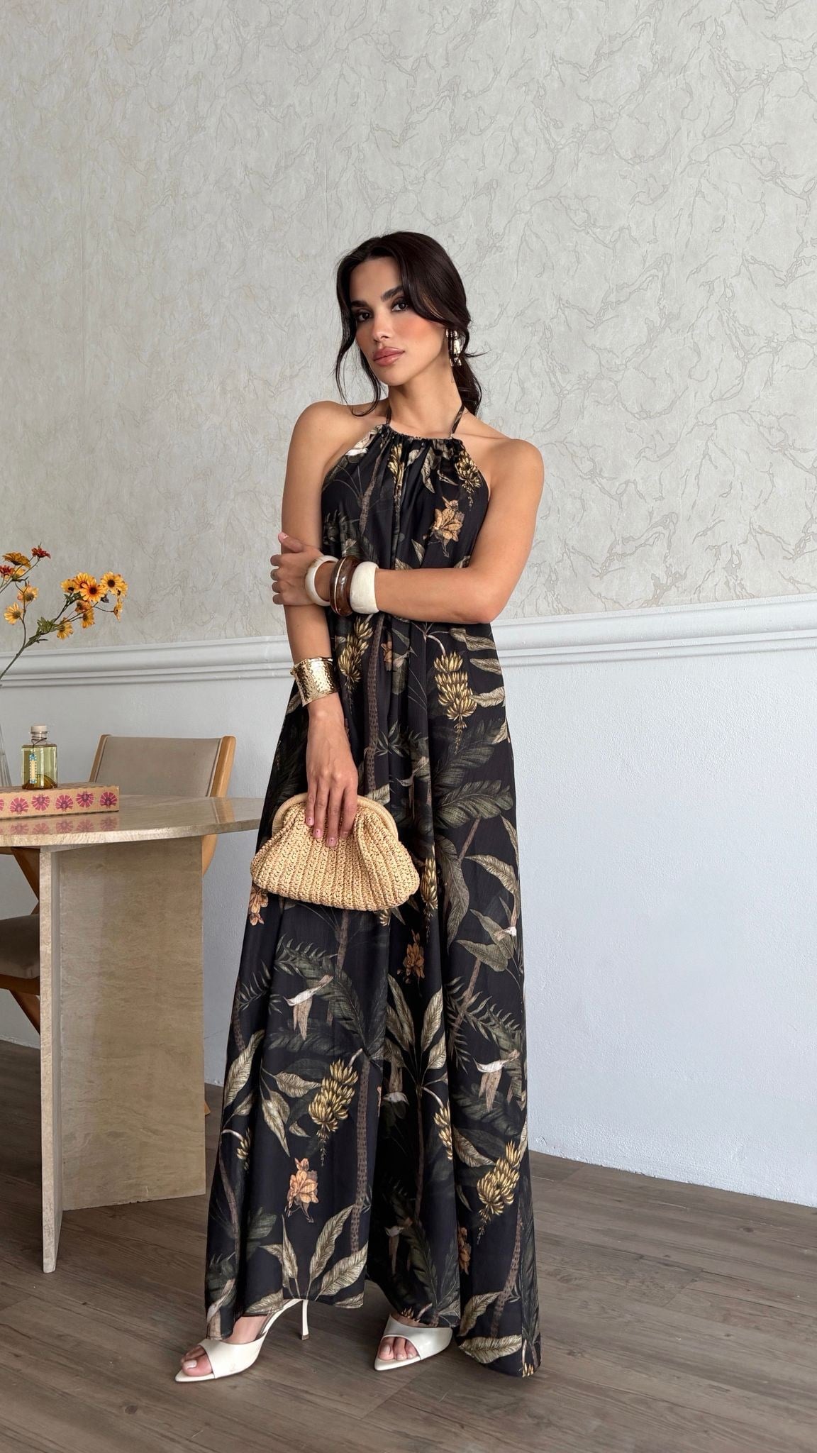 26Y5332 BOYUN BAĞCIKLI ETNİK DESEN ELBİSE