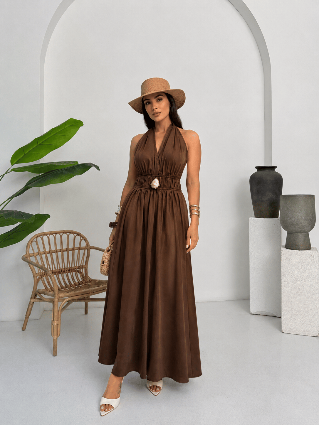26Y5342 TOKA DETAYLI BEL LASTİKLİ ELBİSE