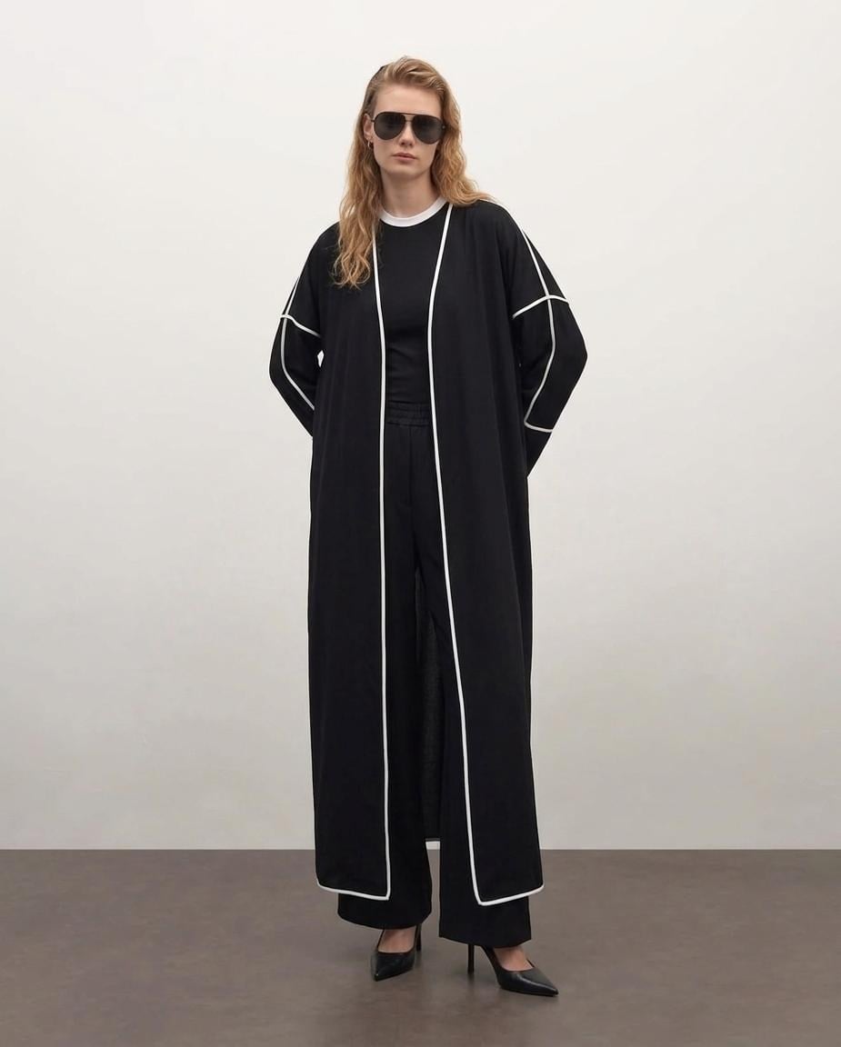 BEYAZ ŞERİTLİ ABAYA PANTOLON TAKIM | SİYAH