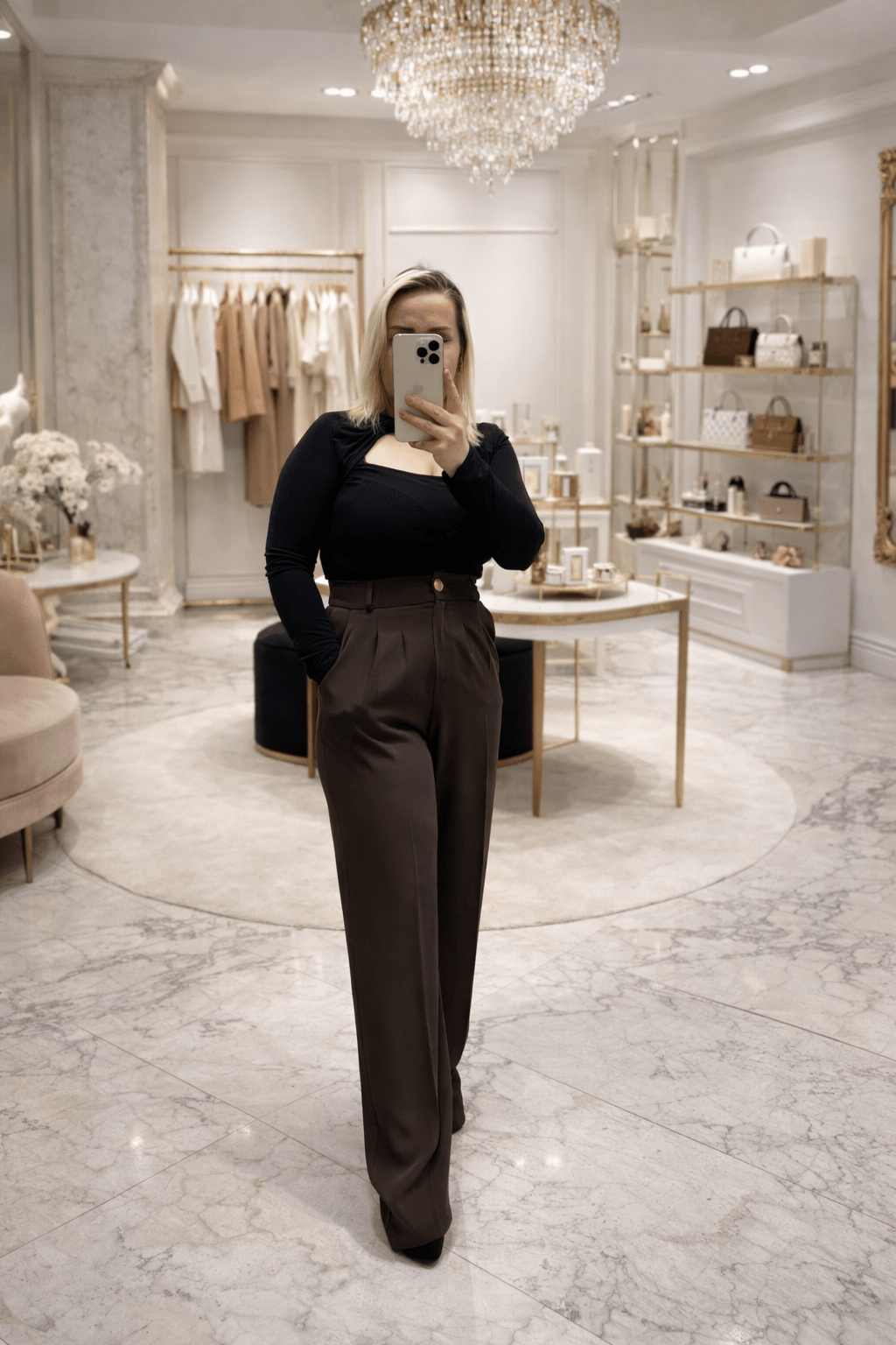 KAHVERENGİ PREMIUM SERİ GOLD DÜĞME DETAYLI PALAZZO PANTOLON