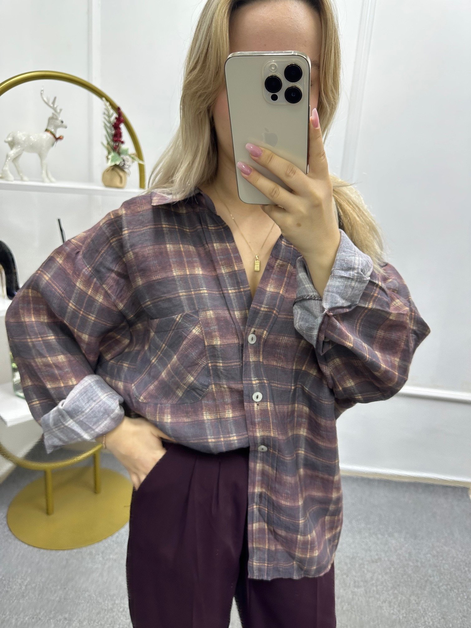 Mürdüm Kareli Standart Beden Oversize Gömlek 
