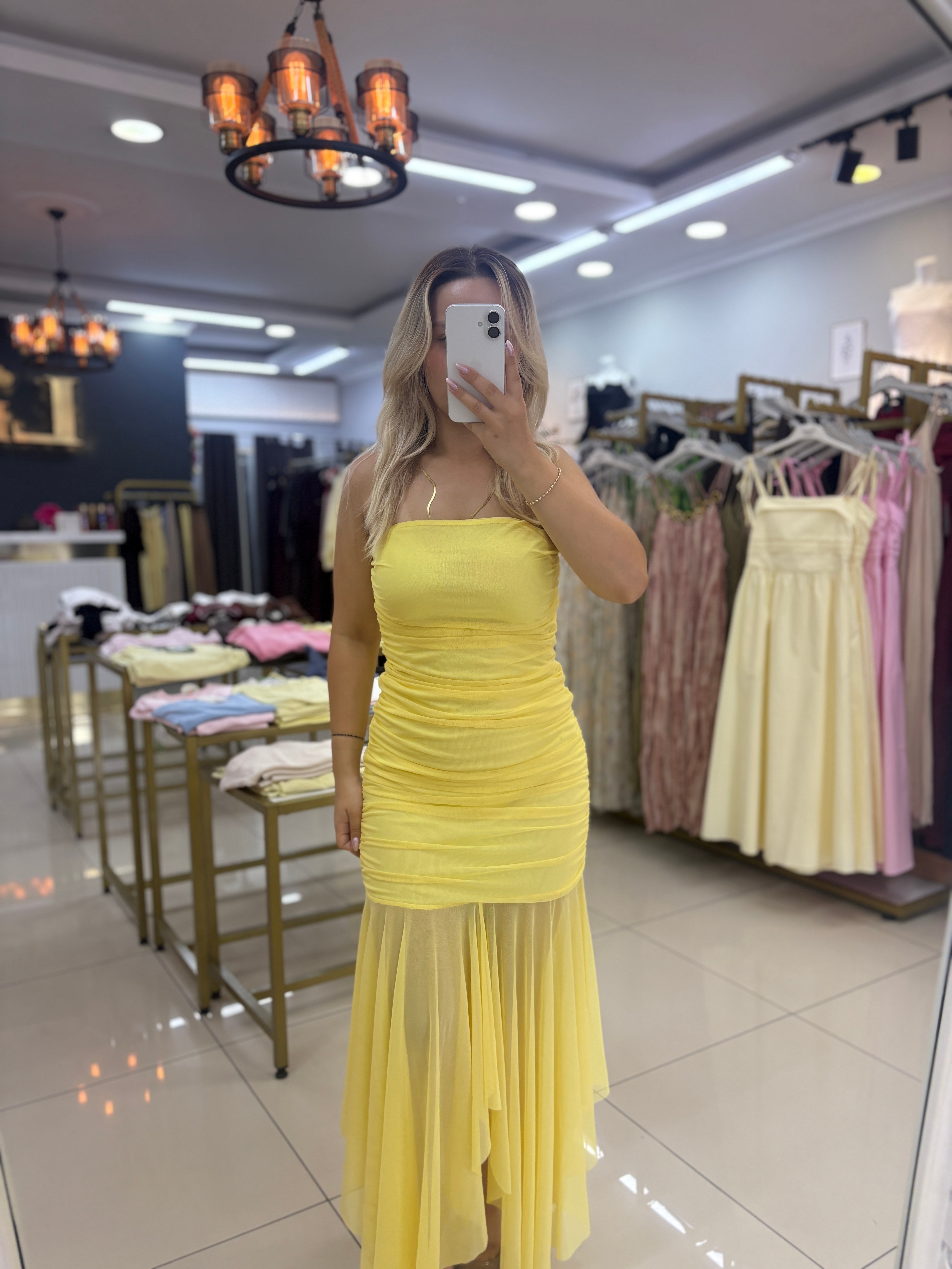 SARI STRAPLEZ TÜL ELBİSE