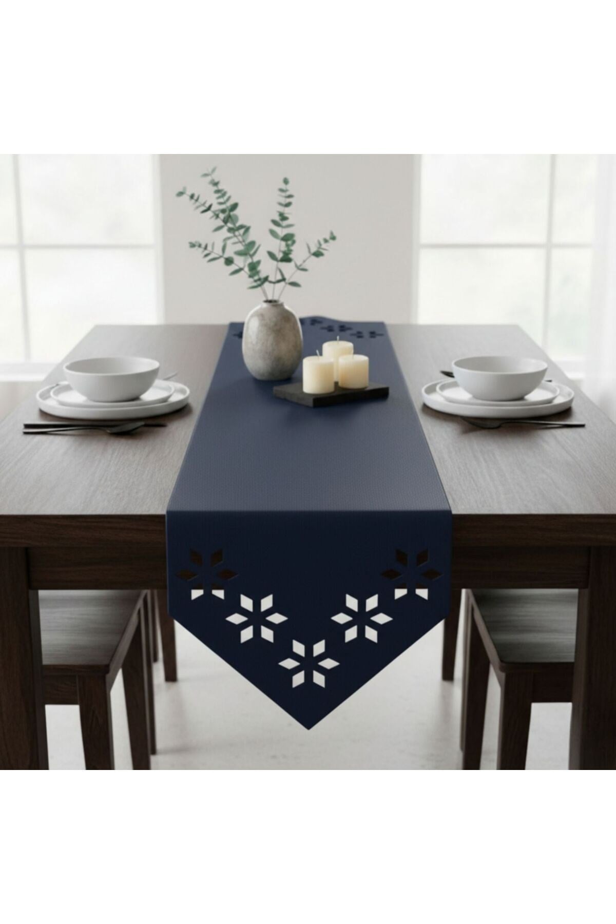 1 Adet Deri Runner-40x140 cm-Çiçek Desenli Runner