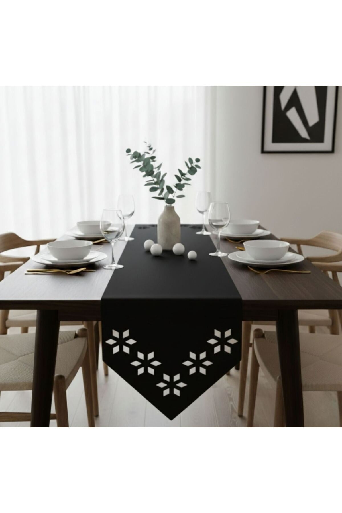 1 Adet Deri Runner-40x140 cm-Çiçek Desenli Runner