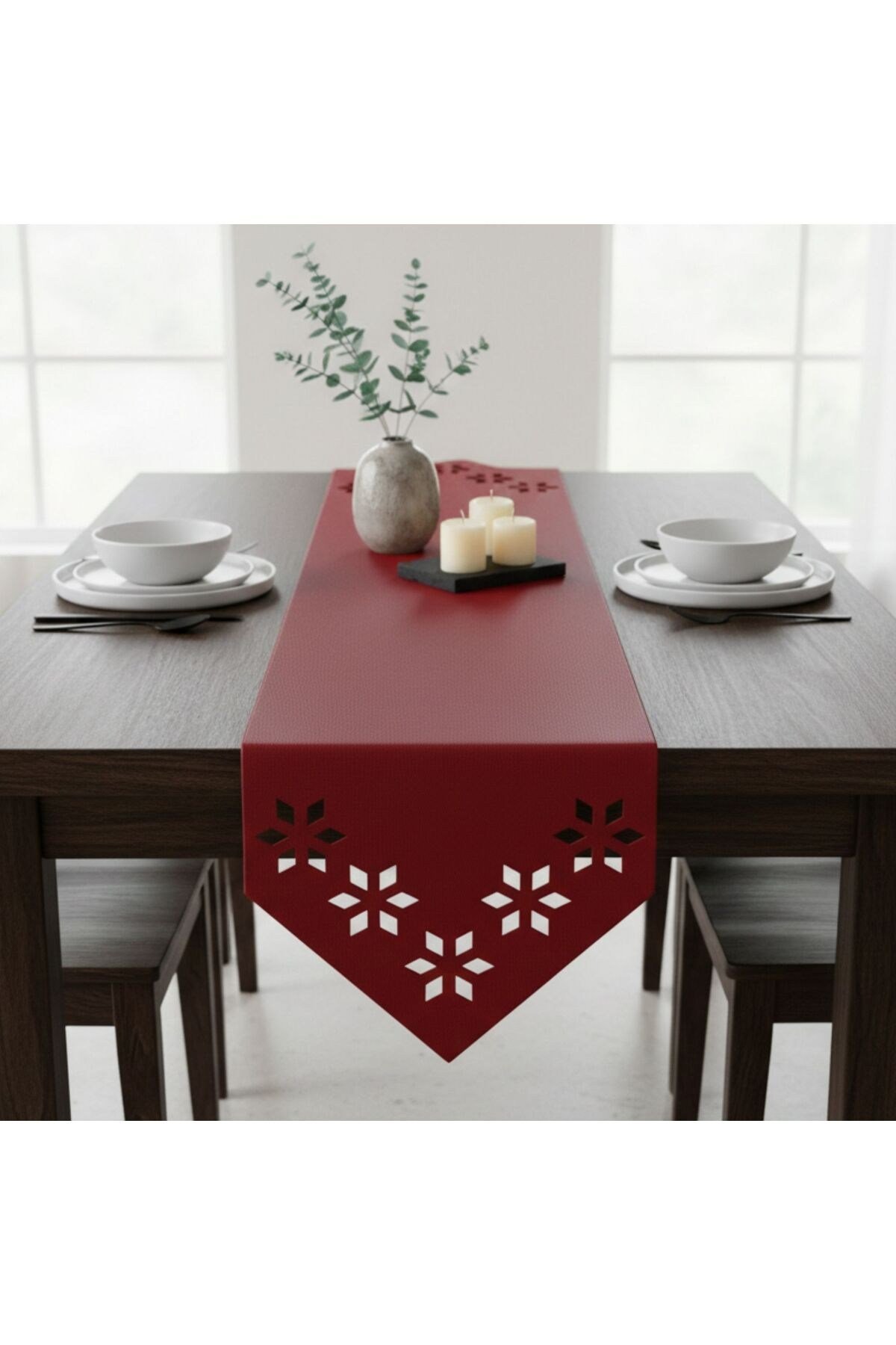 1 Adet Deri Runner-40x140 cm-Çiçek Desenli Runner
