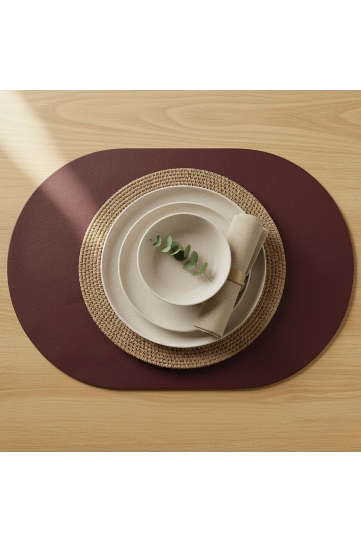 2 Adet Bordo Deri Amerikan Servis Tam Oval 33x44 cm