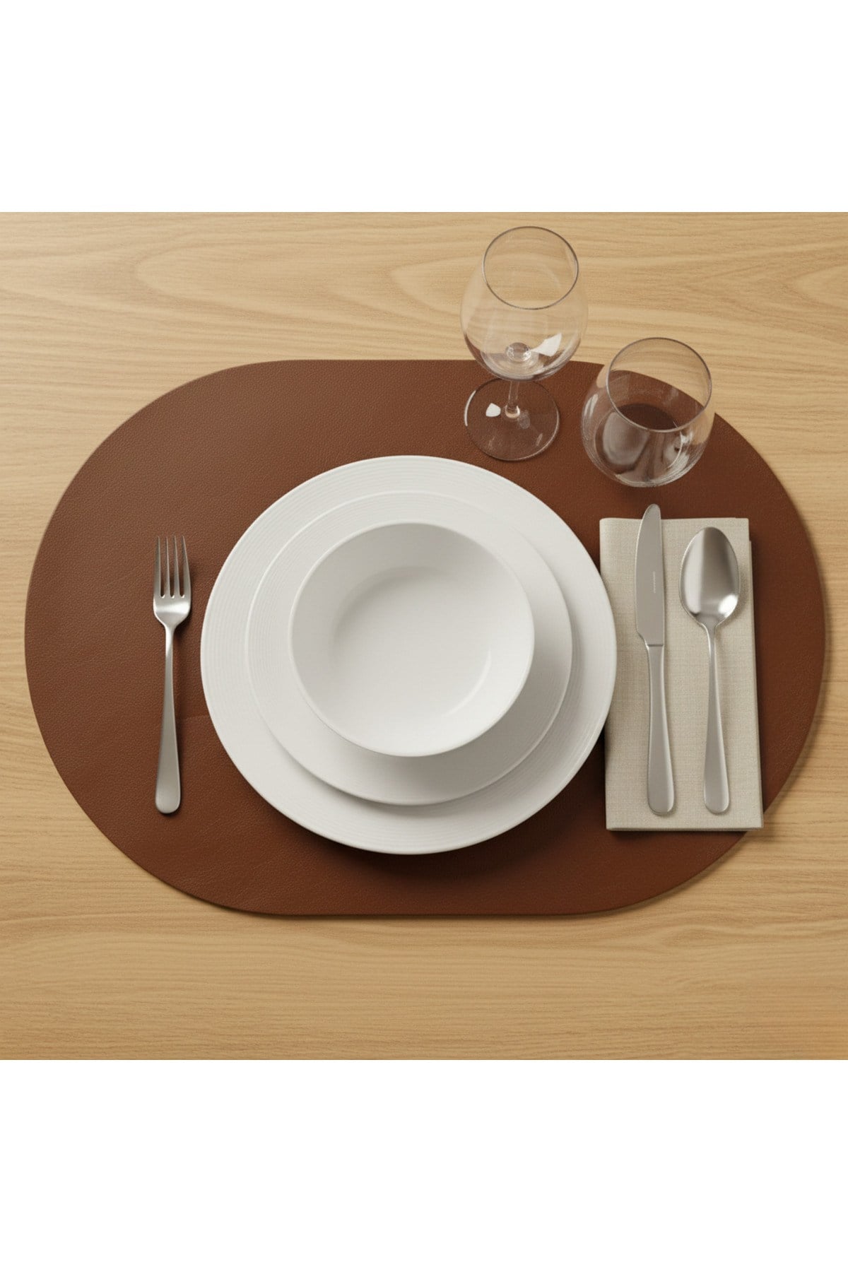 2 Adet Deri Kahverengi Tam Oval Amerikan Servis Supla 33x44 cm-Kolay Silinebilir Supla