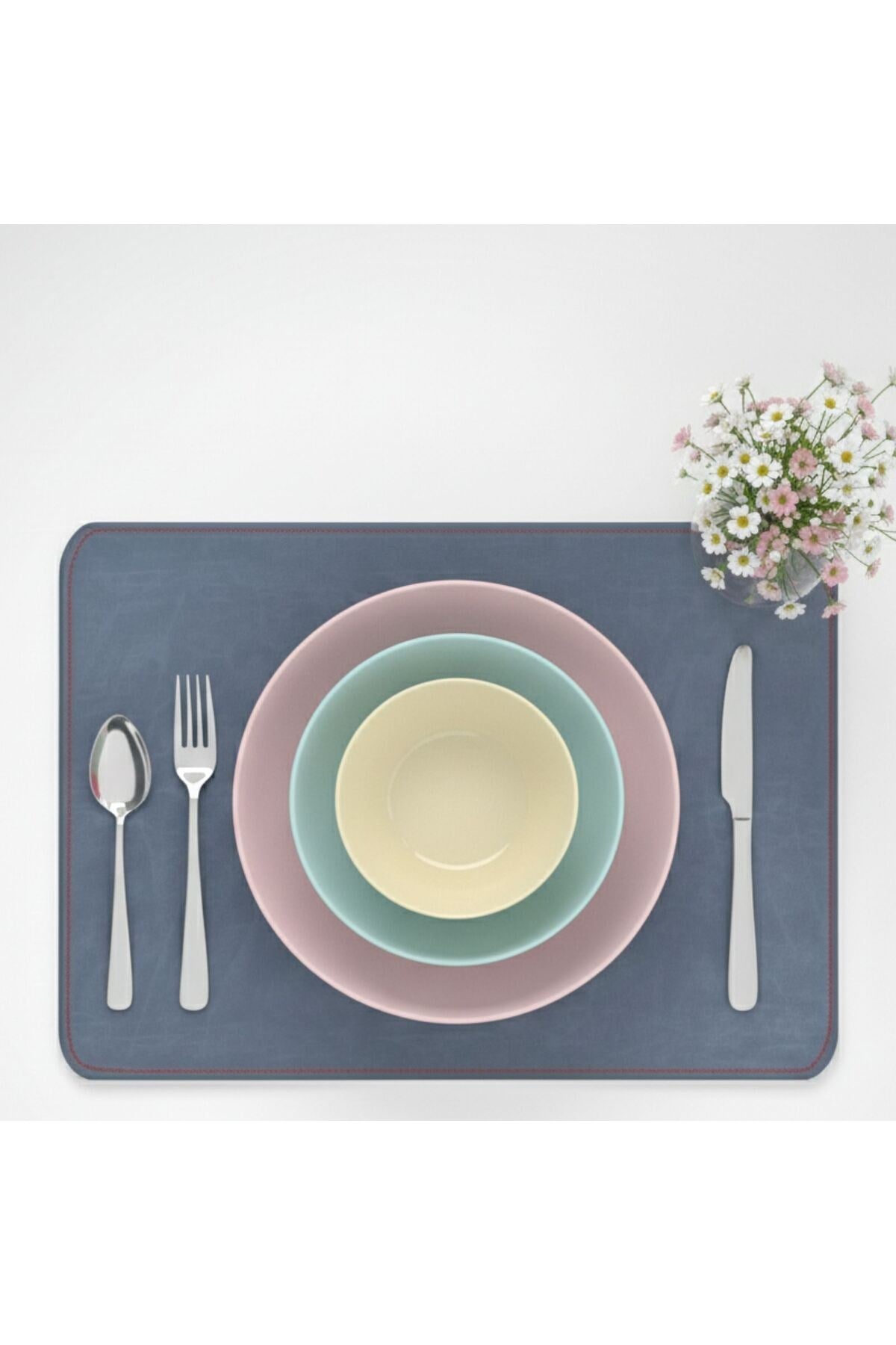 2 Adet Deri Mavi Çift Taraflı Kenar Dikişli Amerikan Servis 33x44 cm-Kolay Silinebilir Supla
