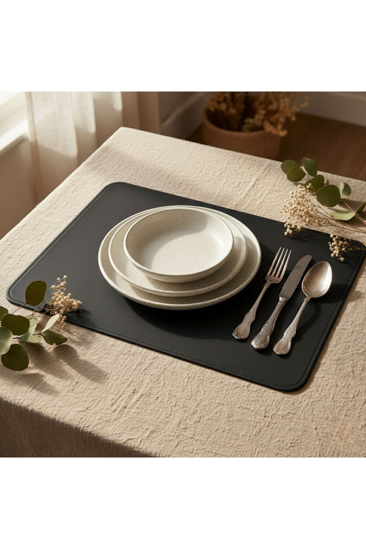 2 Adet Deri Siyah Çift Taraflı Kenar Dikişli Amerikan Servis 33x44 cm-Kolay Silinebilir Supla