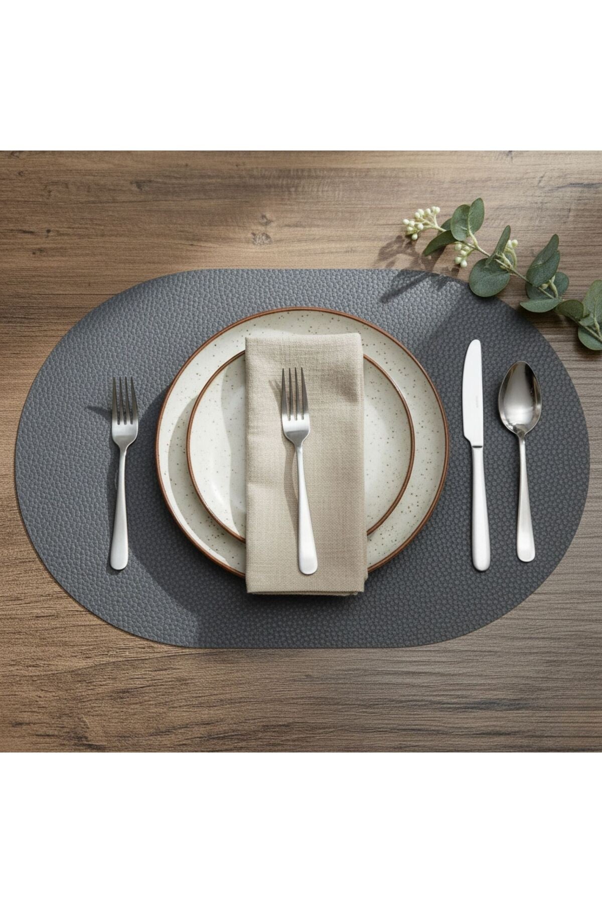 2 Adet Gri Deri Amerikan Servis Tam Oval 33x44 cm