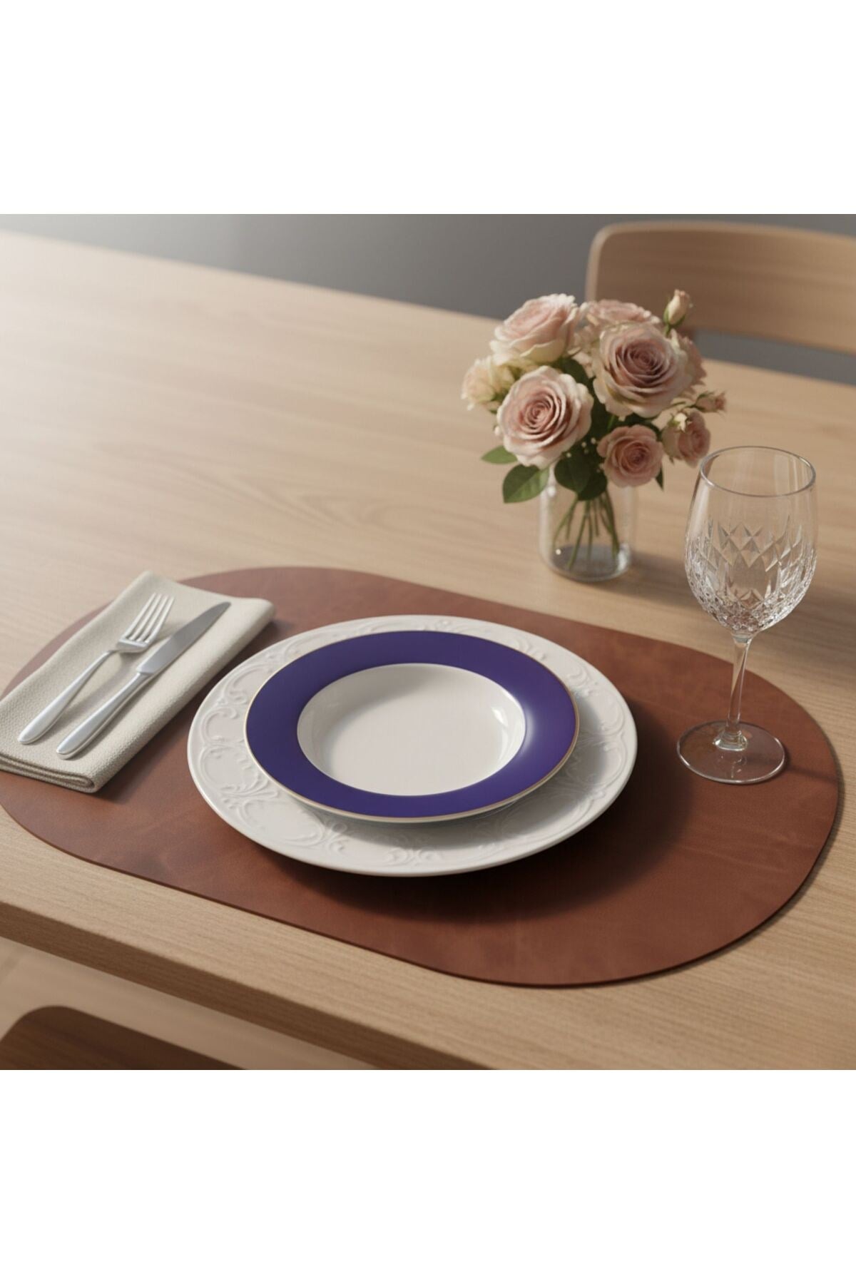 2 Adet Kalın Deri Kahverengi Tam Oval Amerikan Servis Supla 33x44 cm-Kolay Silinir Supla