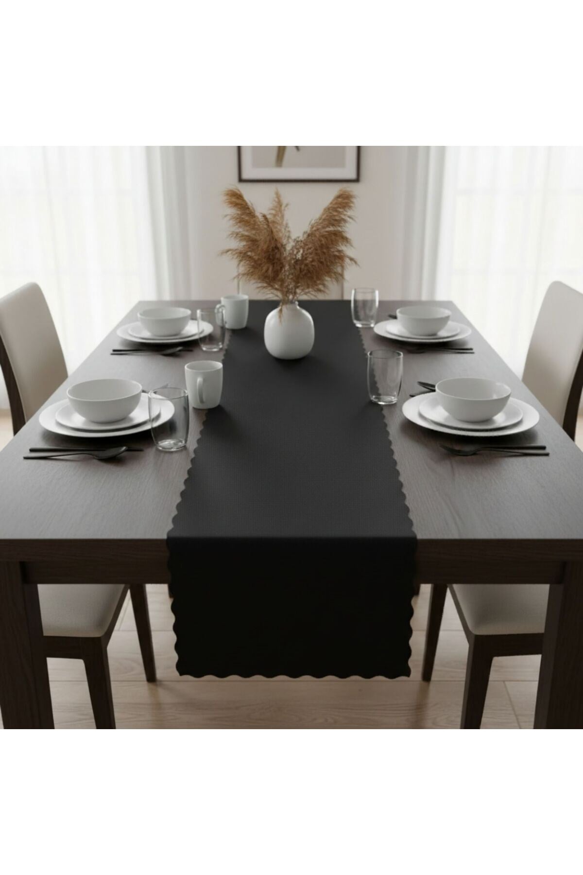 4+1 Adet Deri Runner-Deri Supla-Fırfır Desenli Runner-Amerikan Servis 40x140 cm/33x44 cm