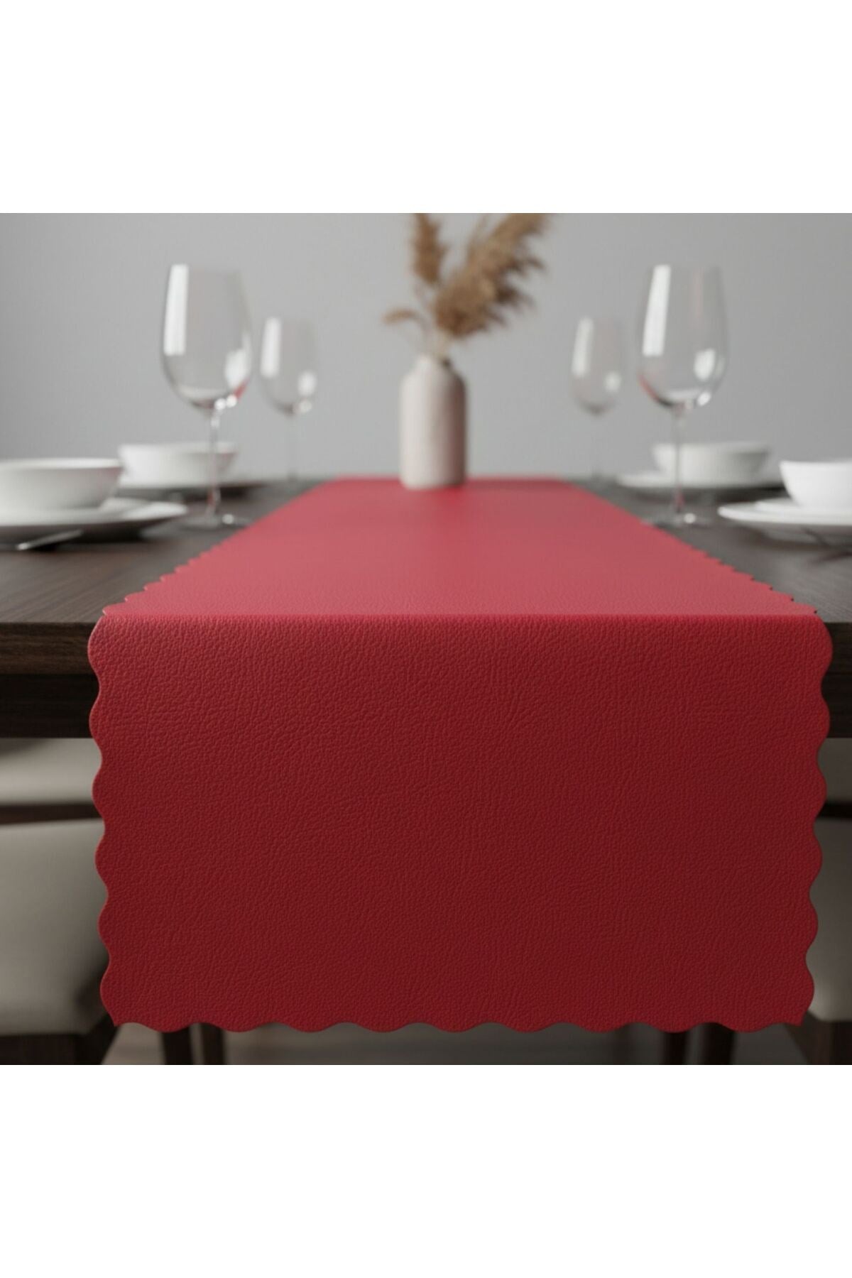 4+1 Adet Deri Runner-Deri Supla-Fırfır Desenli Runner-Amerikan Servis 40x140 cm/33x44 cm