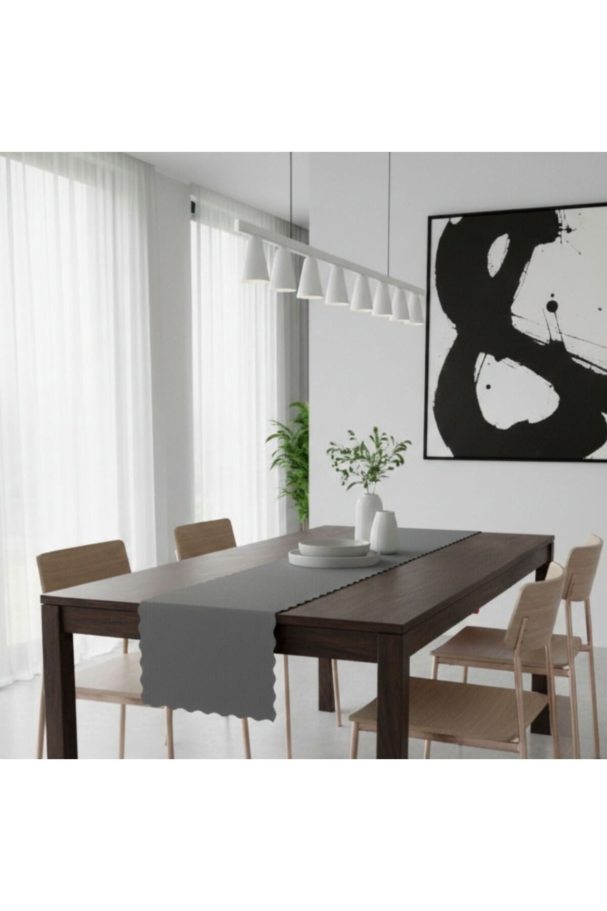 4+1 Adet Deri Runner-Deri Supla-Fırfır Desenli Runner-Amerikan Servis 40x140 cm/33x44 cm