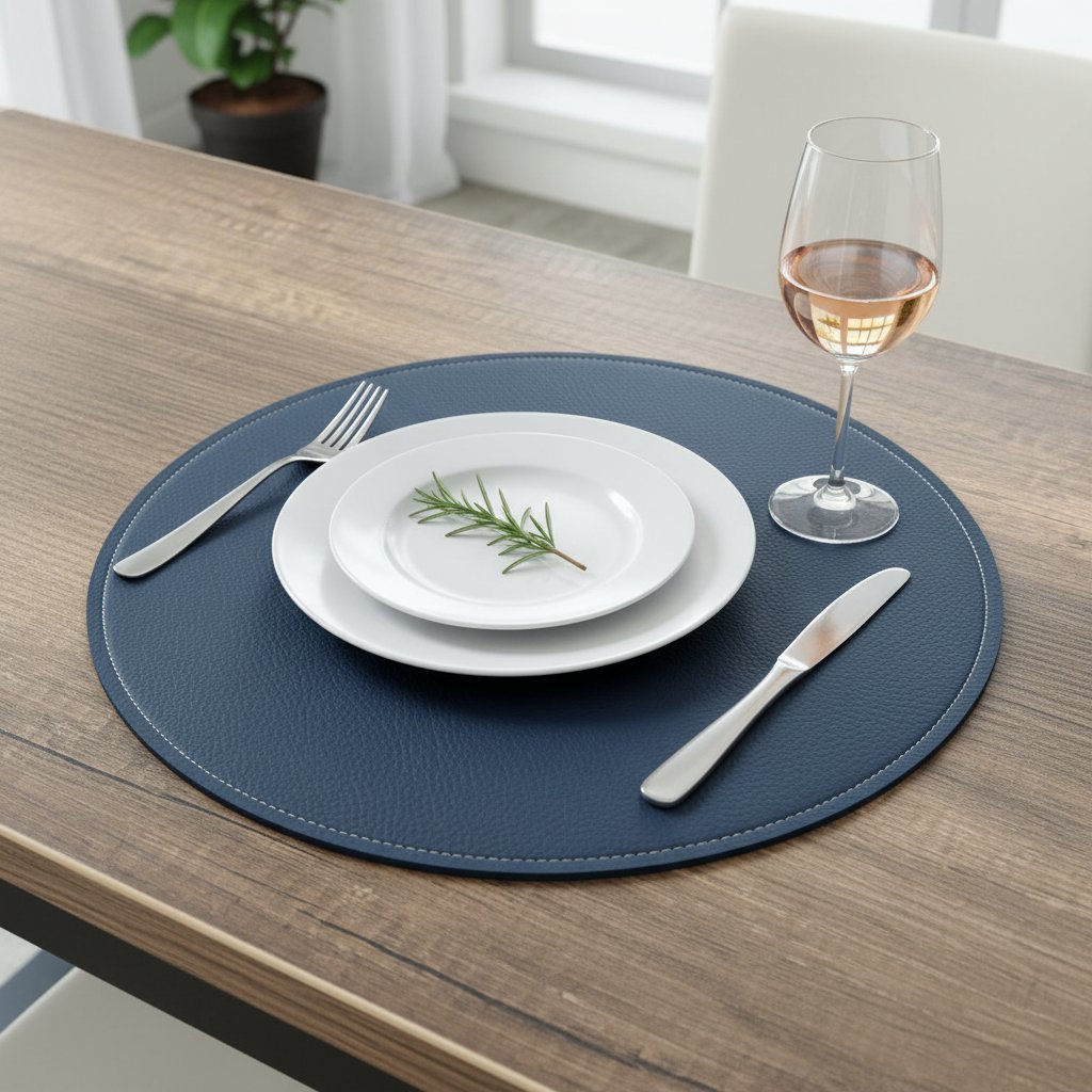 Premium Çift Yüz Kenar Dikişli Deri Amerikan Servis – Lacivert Renk 33×33 cm 