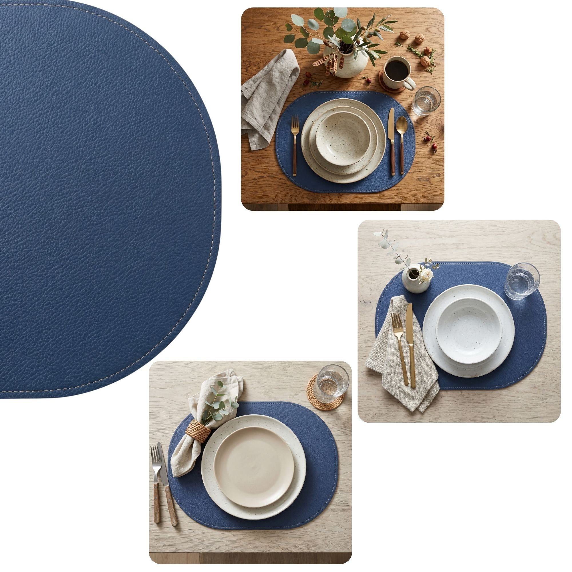 Premium Çift Yüz Kenar Dikişli Deri Amerikan Servis – Lacivert Renk 33×44 cm Tam Oval