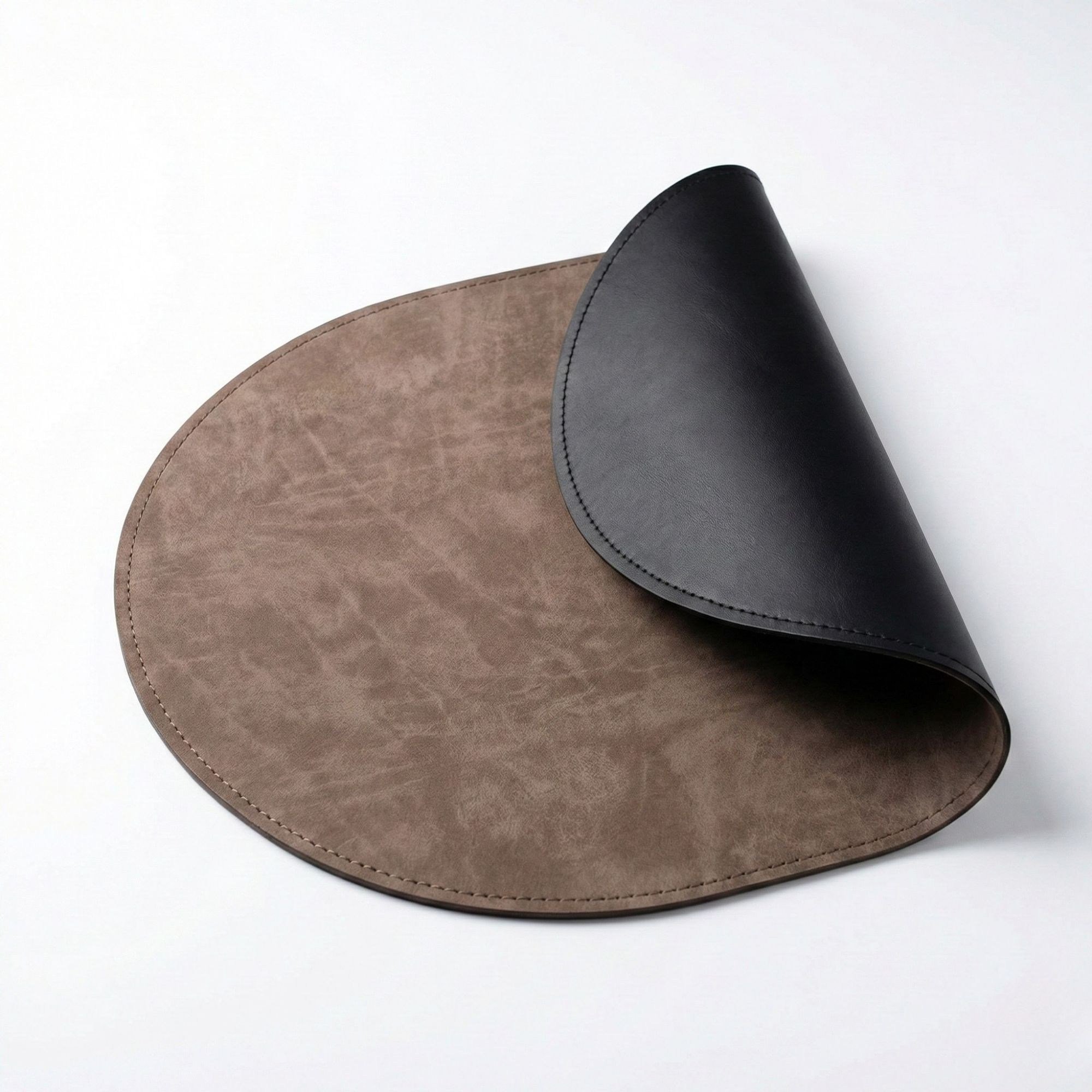 Premium Çift Yüz Kenar Dikişli Deri Amerikan Servis – Siyah-Vizon Çift Renk 33×44 cm Tam Oval