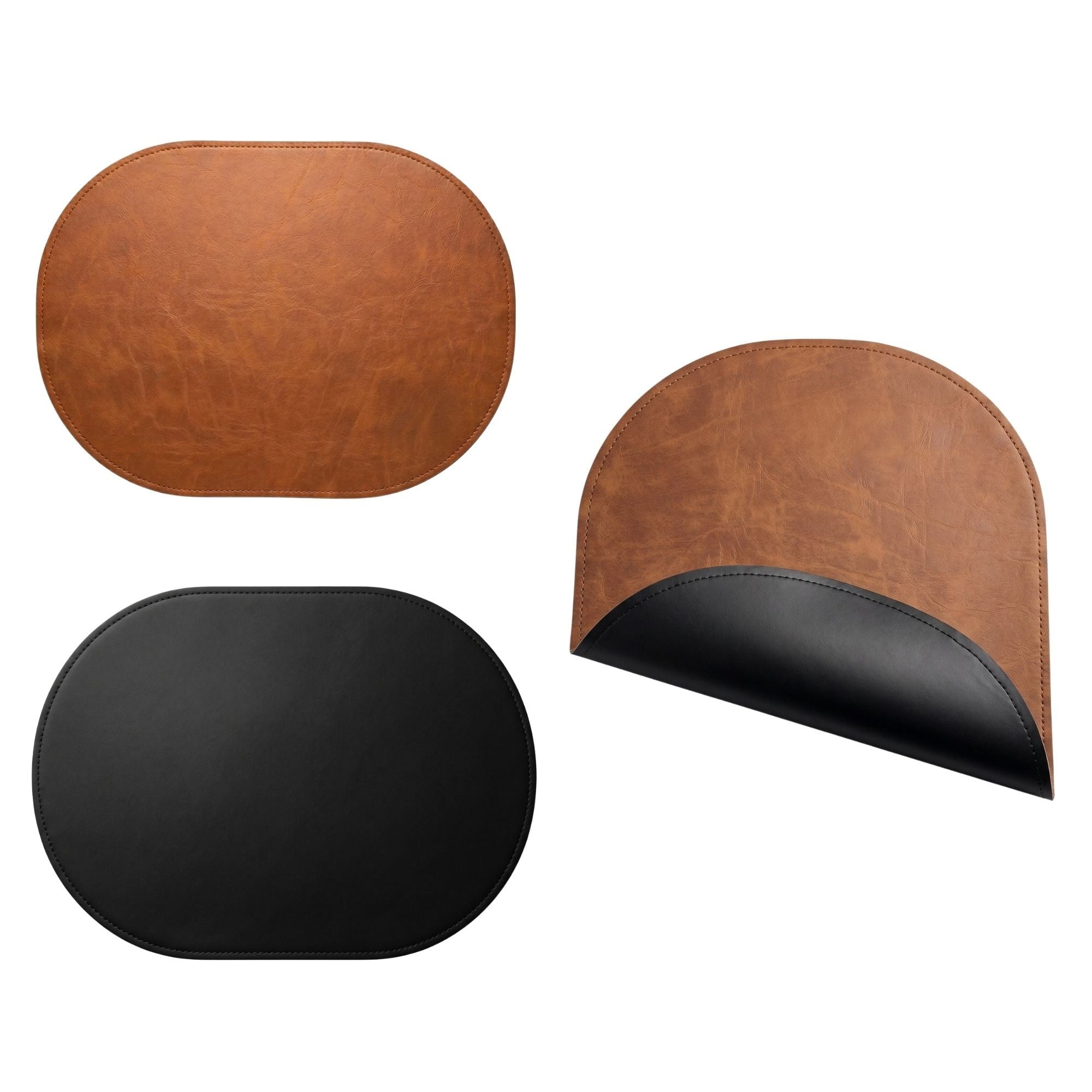 Premium Çift Yüz Kenar Dikişli Deri Amerikan Servis – Siyah-Kahverengi Çift Renk 33×44 cm Tam Oval
