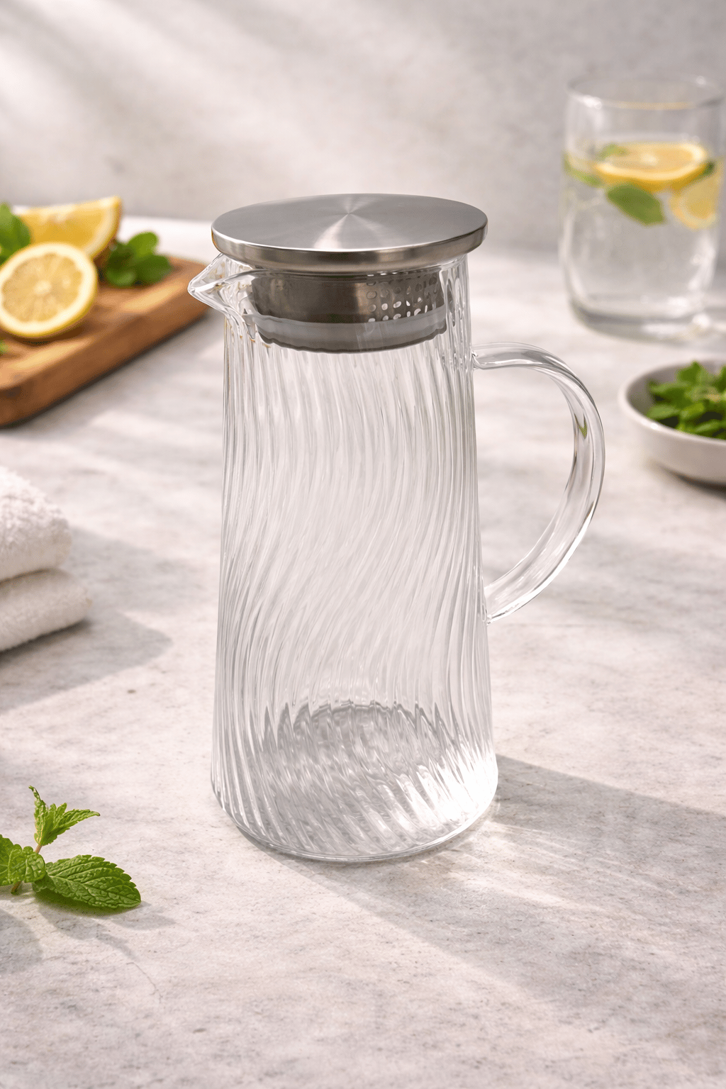 1.5 LT Borosilikat Cam Sürahi – Metal Kapaklı Isıya Dayanıklı Cam Sürahi