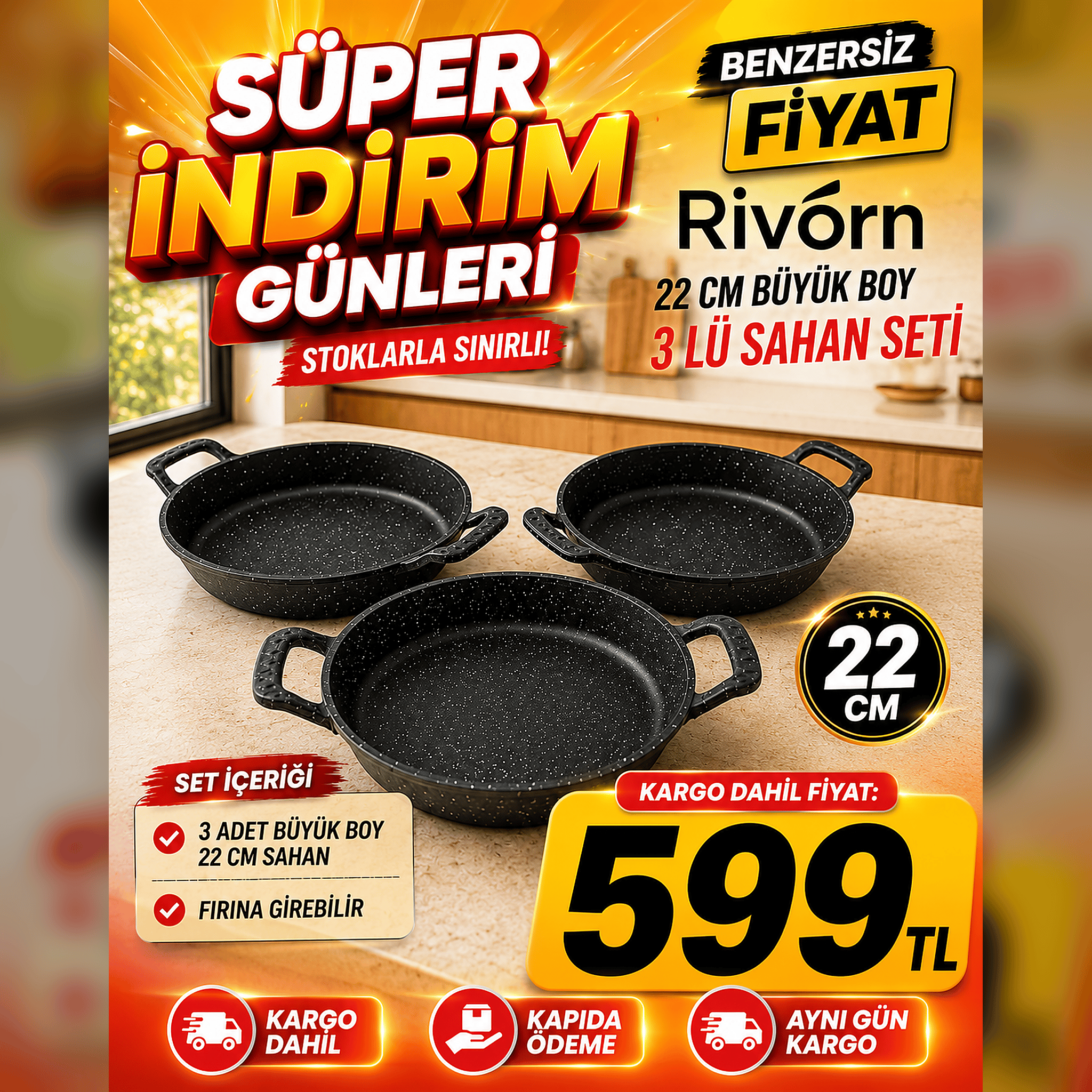 22 CM 3 LÜ KENDİNDEN KULPLU SAHAN SETİ