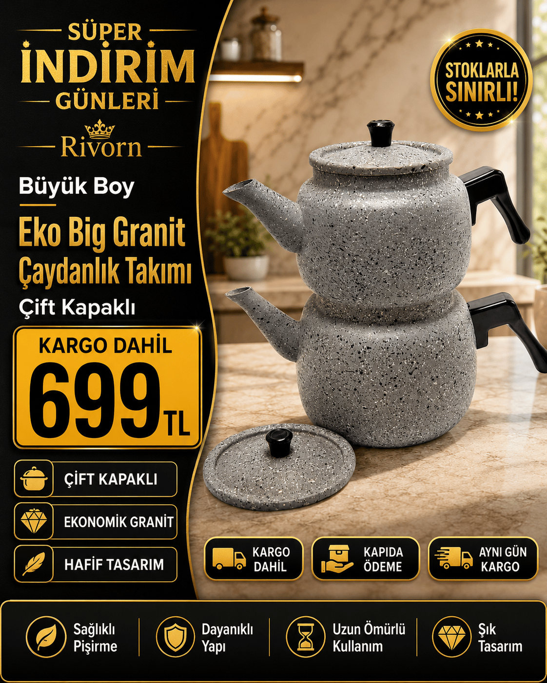 Büyük Boy Granit Çaydanlık Takımı
