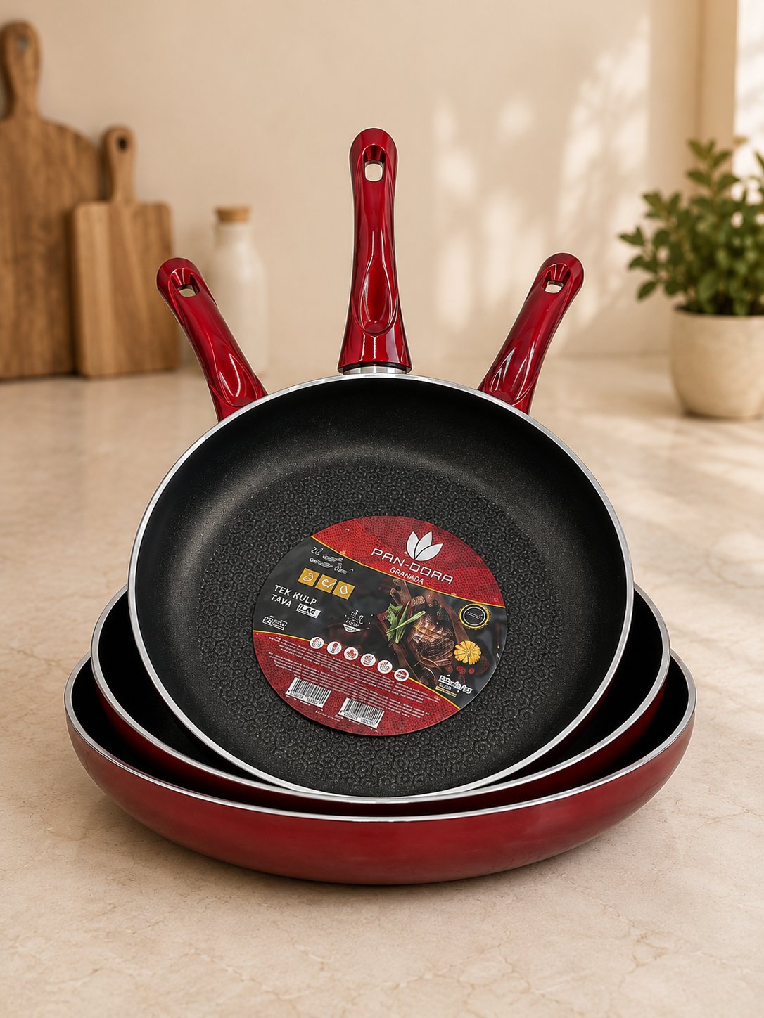 Evinda Kırmızı 3 Lü Tava Seti-28-30-32 CM