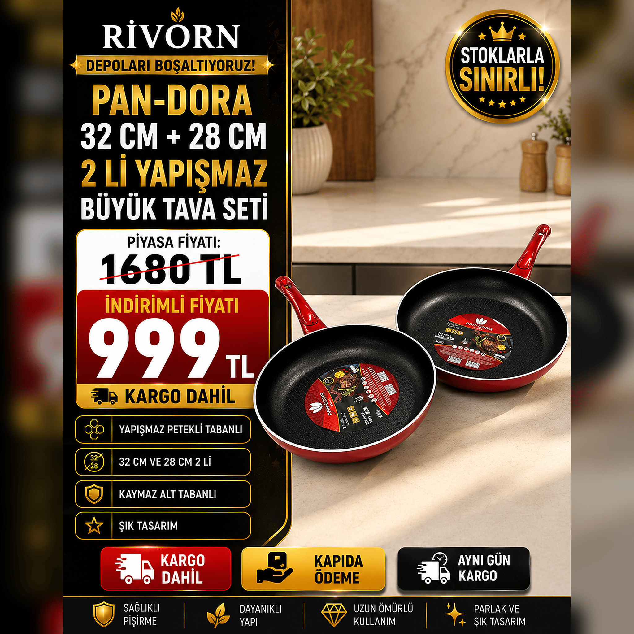 Evinda Kırmızı Tava Seti 2 Lİ-28 CM-32 CM