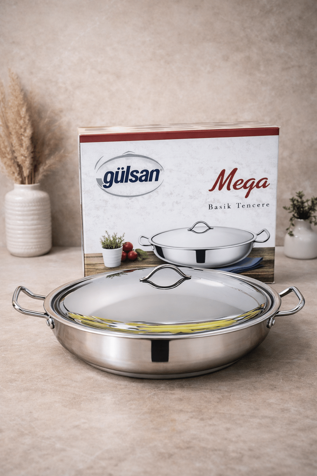 Gülsan 40 CM Mega Boy 18/10 Paslanmaz Çelik Basık Pilav Tenceresi 14 LT – 15 CM Derinlik Büyük Boy