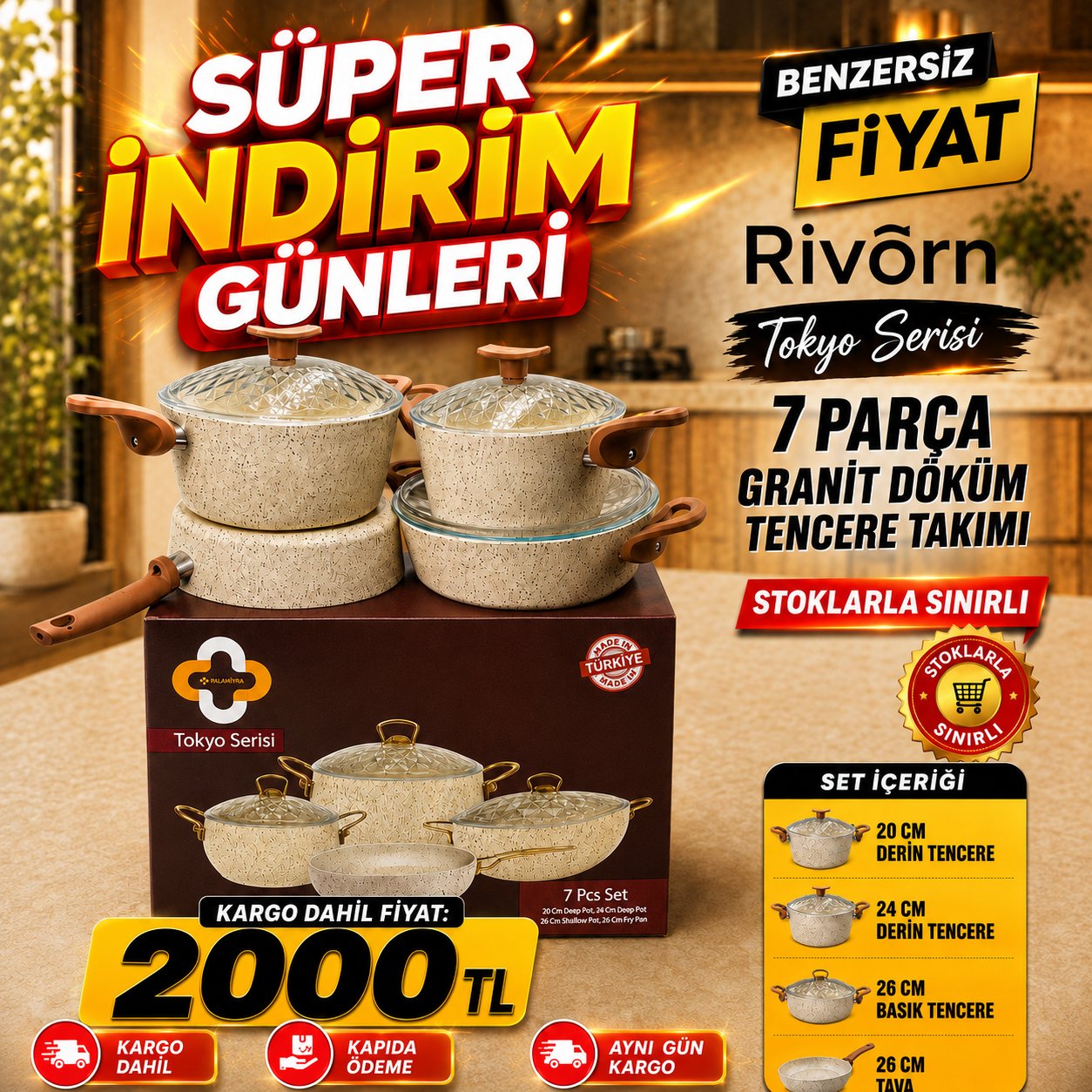 Palmiyra 7 Parça Granit Döküm Tencere Takımı