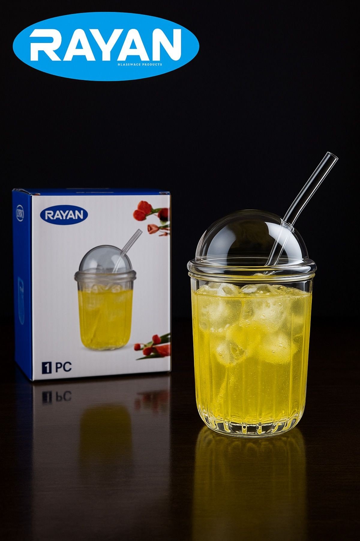 Rayan Pipetli Şık Cam Bardak | Kapaklı Soğuk İçecek Bardağı – Modern ve Estetik Tasarım
