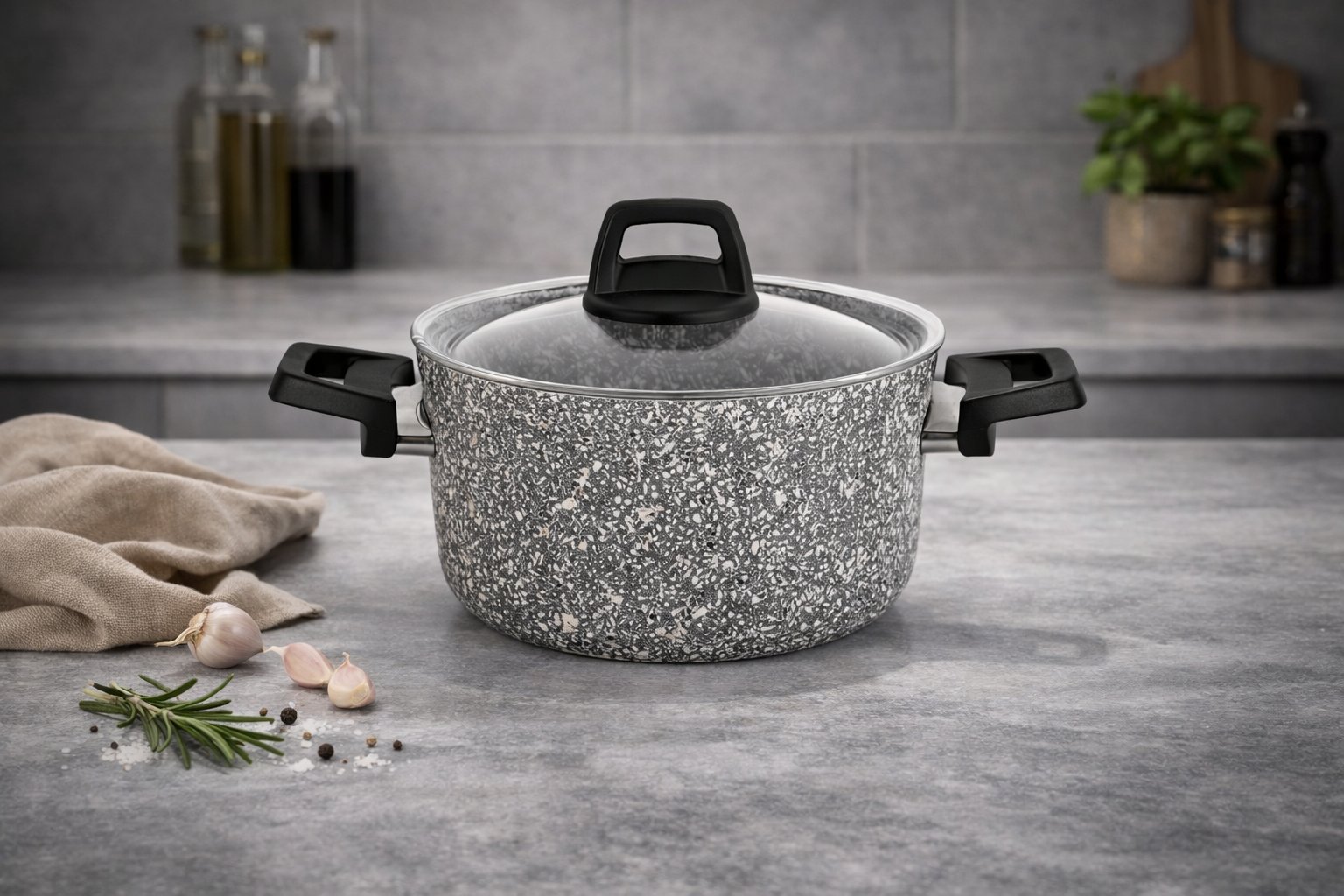 Schafer Dark Storm Gri 18 CM Granit Döküm Derin Tencere Cam Kapaklı 2 LT – Yanmaz Yapışmaz Tencere